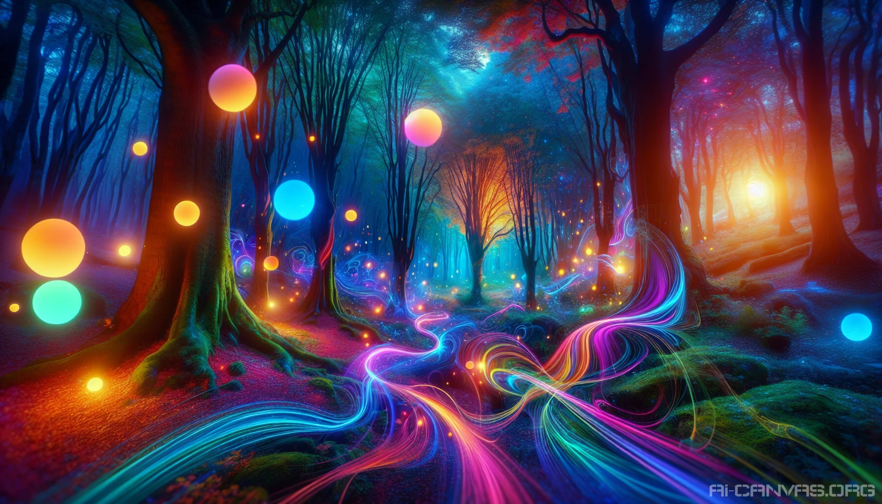 Capture a mesmerizing scene where luminous light trails dance through an enchanting forest at twilight. Vivid colors swirl and intertwine like ribbons of magic, illuminating the ancient trees and casting ethereal shadows. Wisps of glowing orbs float gently above the ground, while the soft hum of nature blends with the vibrant hues, creating an otherworldly atmosphere that invites viewers to step into a realm of wonder.