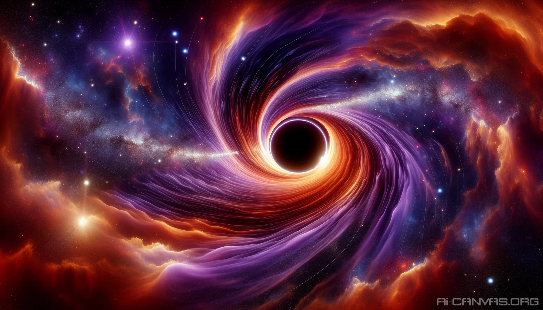 Visualize a stunning cosmic scene where a colossal black hole dominates the center, distorting the fabric of space and time around it. Swirling colors of deep purples and fiery oranges blend seamlessly into one another, creating a mesmerizing nebula effect. Stars are drawn into the gravitational pull, stretching into elongated streaks, while distant galaxies appear warped and twisted, all capturing the breathtaking power of the universe's most mysterious phenomenon.