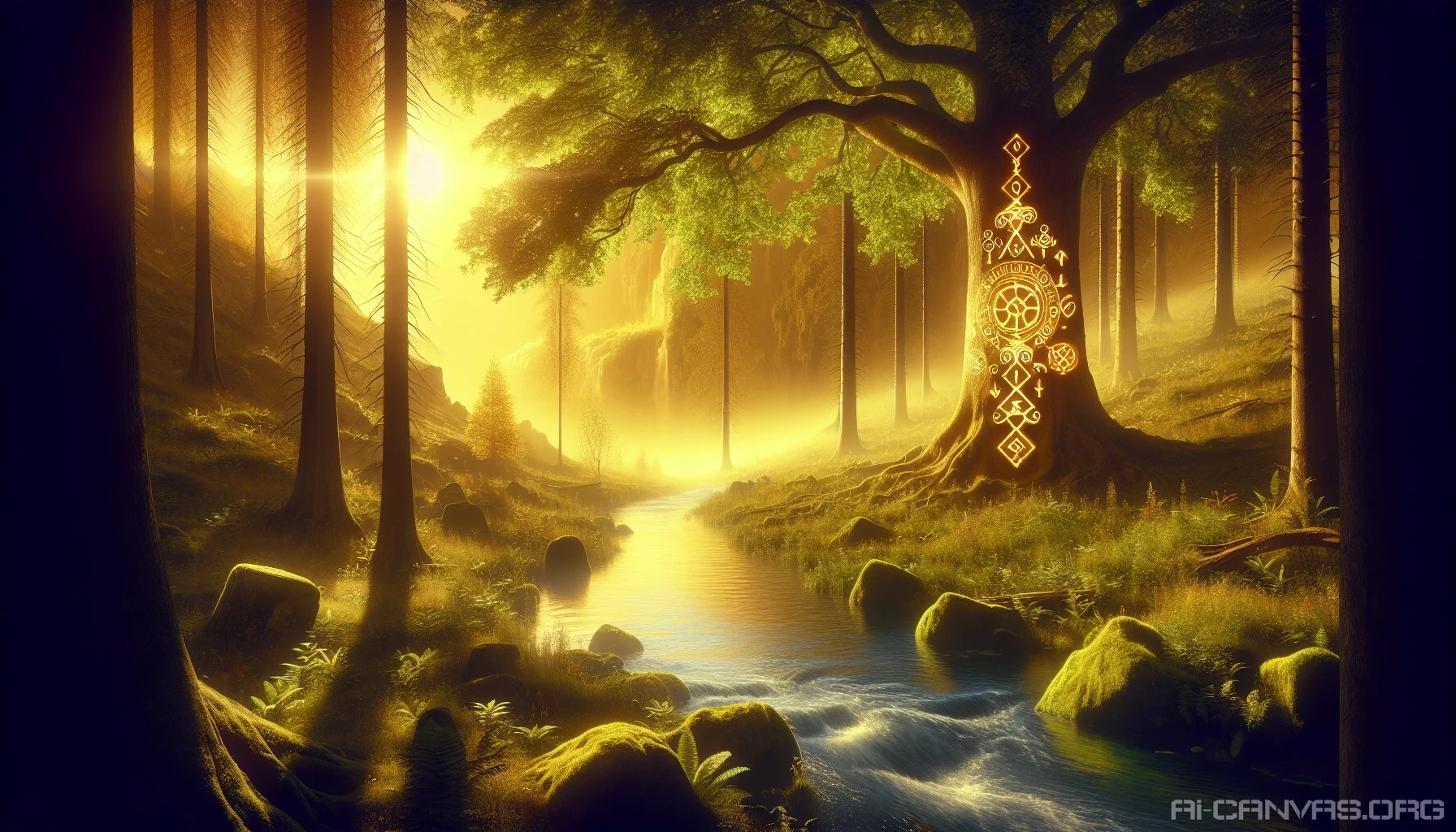 A vibrant landscape where nature and symbolism intertwine. Picture a serene forest clearing bathed in golden sunlight, where trees, animals, and flowers embody ancient symbols: wisdom, love, and growth. In the center, a grand oak stands tall, adorned with mystical runes glowing softly. A gentle stream winds through, reflecting the harmony between the visible and invisible worlds, inviting viewers to explore deeper meanings and connections.
