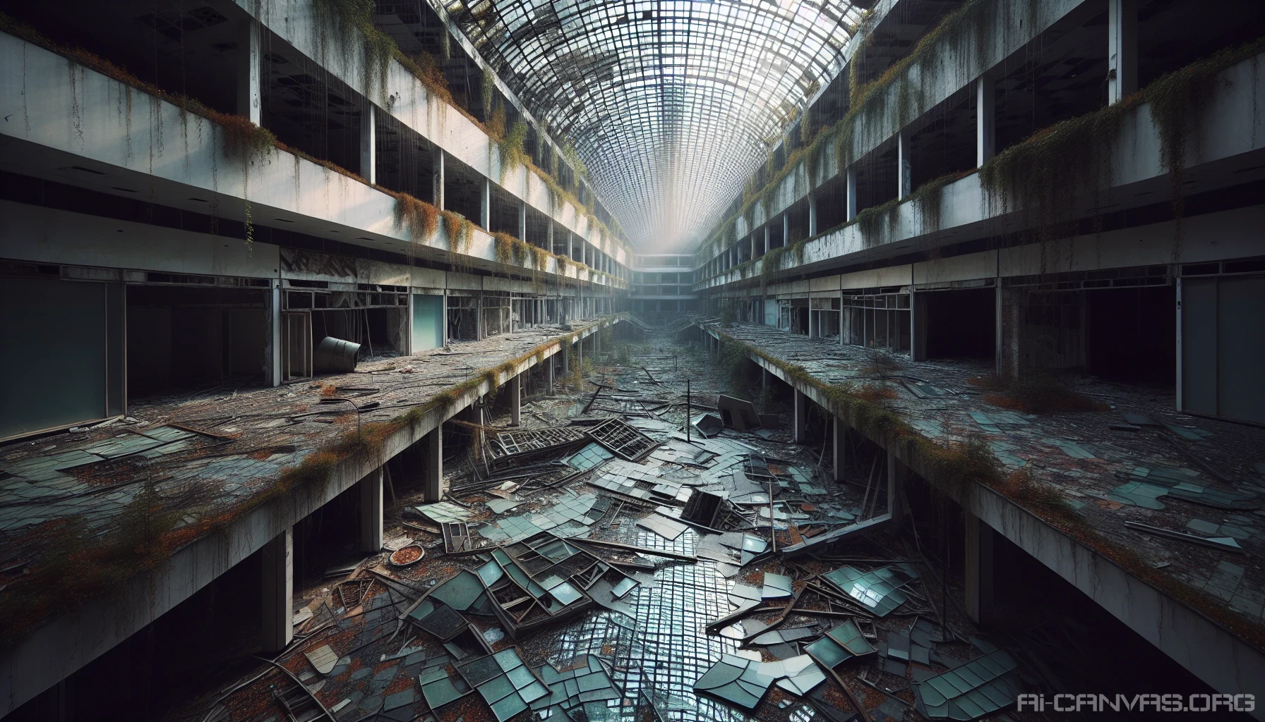 In this haunting scene, a once-vibrant shopping mall lies in ruins, its grand atrium now a graveyard of shattered glass and scattered debris. Sunlight filters through broken skylights, casting eerie shadows on the cracked tiles. Vines creep through the remnants of storefronts, nature slowly reclaiming its territory. A ghostly silence envelops the area, whispering tales of the past in this desolate urban landscape.