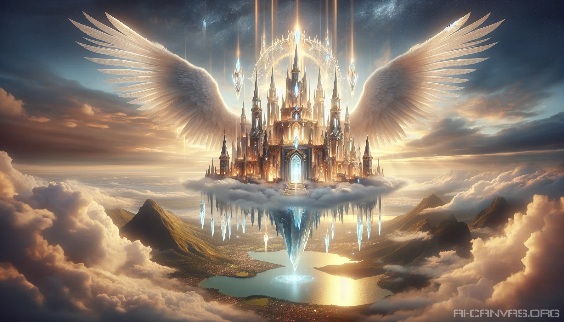 Picture a grand, ethereal castle floating amidst fluffy clouds, its towers glistening with shimmering crystals under a vibrant sunset. Majestic wings sprout from the castle's sides, giving it an almost angelic grace as it hovers above a serene landscape below. Vistas of rolling hills and sparkling lakes stretch out, while gentle rays of golden light filter through the wispy clouds, creating an enchanting and otherworldly atmosphere.