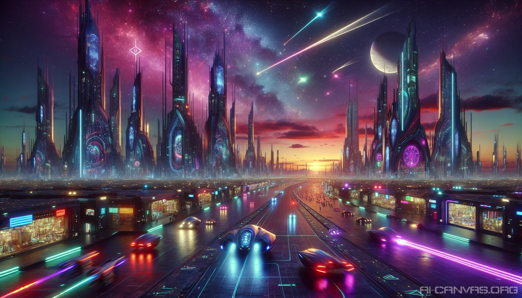 Imagine a sprawling, neon-lit metropolis set against a dusky sky, where sleek hovercars zip between towering skyscrapers adorned with vibrant holograms. The streets bustle with diverse alien species, each showcasing unique fashion and technology. Above, digital billboards flicker with advertisements for intergalactic travel, while distant stars begin to twinkle. Ethereal light spills onto reflective surfaces, creating a mesmerizing blend of colors and shadows that encapsulate a bustling, futuristic world.
