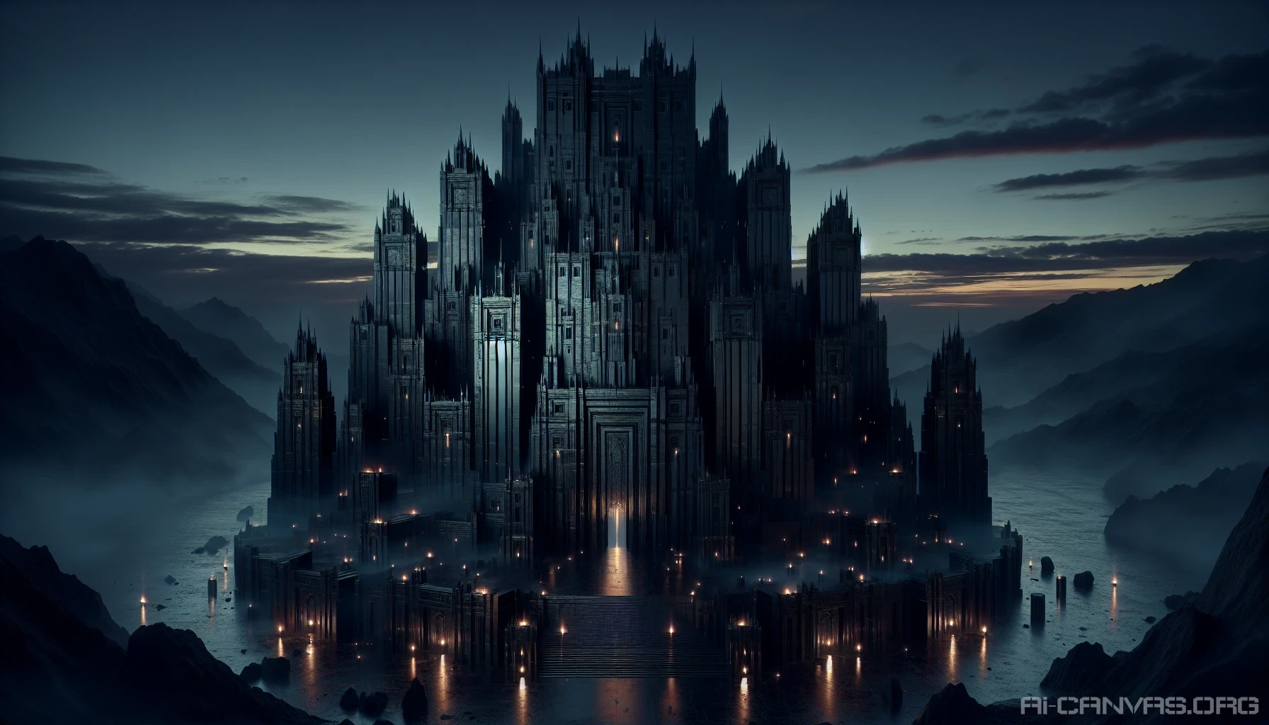 Imagine a formidable obsidian fortress looming majestically against a twilight sky, its sharp, geometric architecture gleaming with a dark, reflective sheen. The fortress towers rise like ancient sentinels, surrounded by an eerie stillness, while swirling mists coil around its base. Flickering torches cast ghostly shadows on the obsidian walls, hinting at secrets hidden within. This ethereal stronghold embodies both beauty and dread, inviting exploration into its depths.