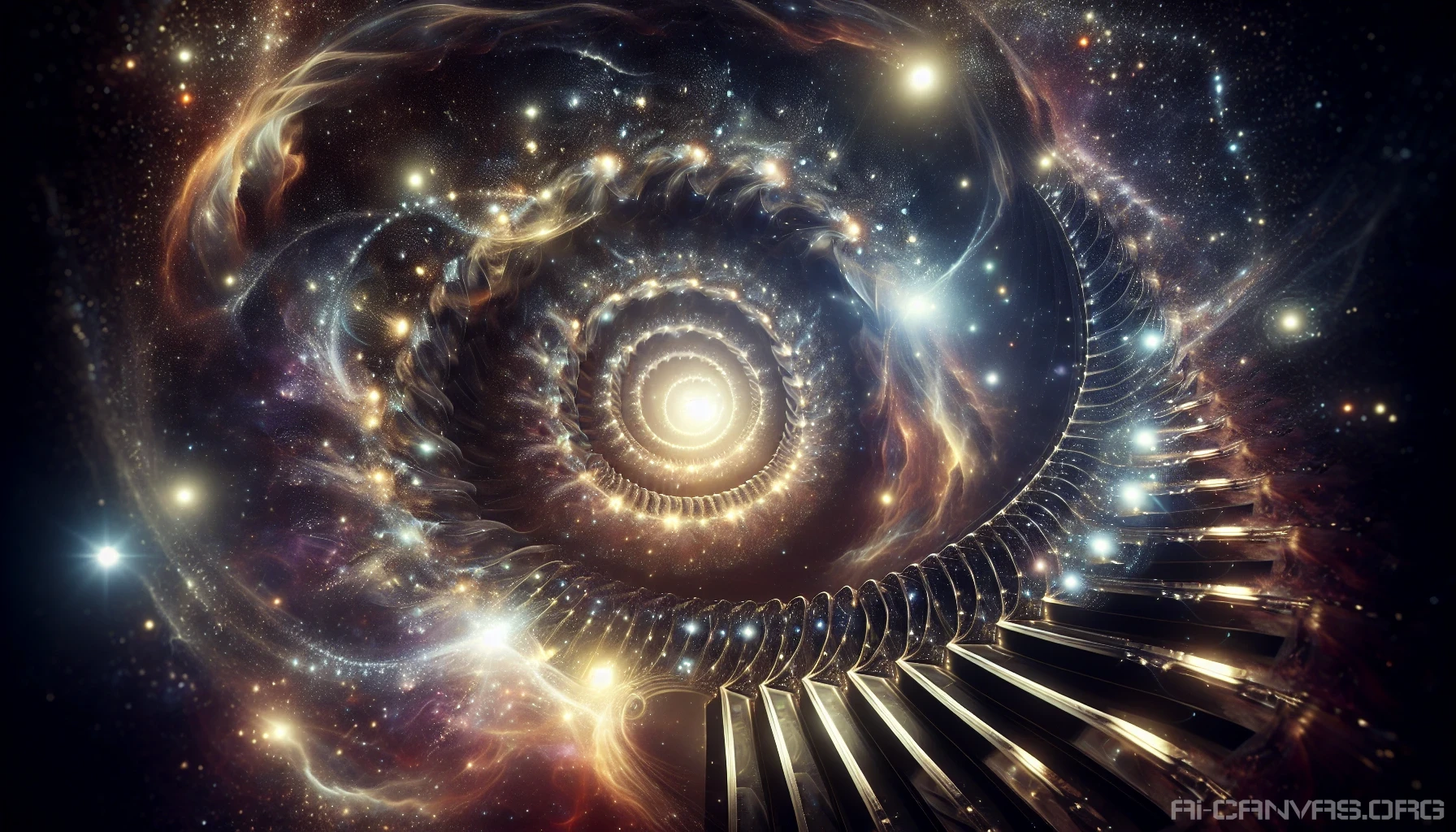 Envision a grand spiral staircase that twists endlessly into a vast, star-filled void. Each step seems to glow with ethereal light, casting shimmering reflections on the surrounding darkness. Ethereal wisps and cosmic dust swirl around, creating an otherworldly atmosphere. At the top, a faint, beckoning glow hints at a portal to another realm, inviting viewers to contemplate the mysteries of the universe and the unseen paths that lie ahead.