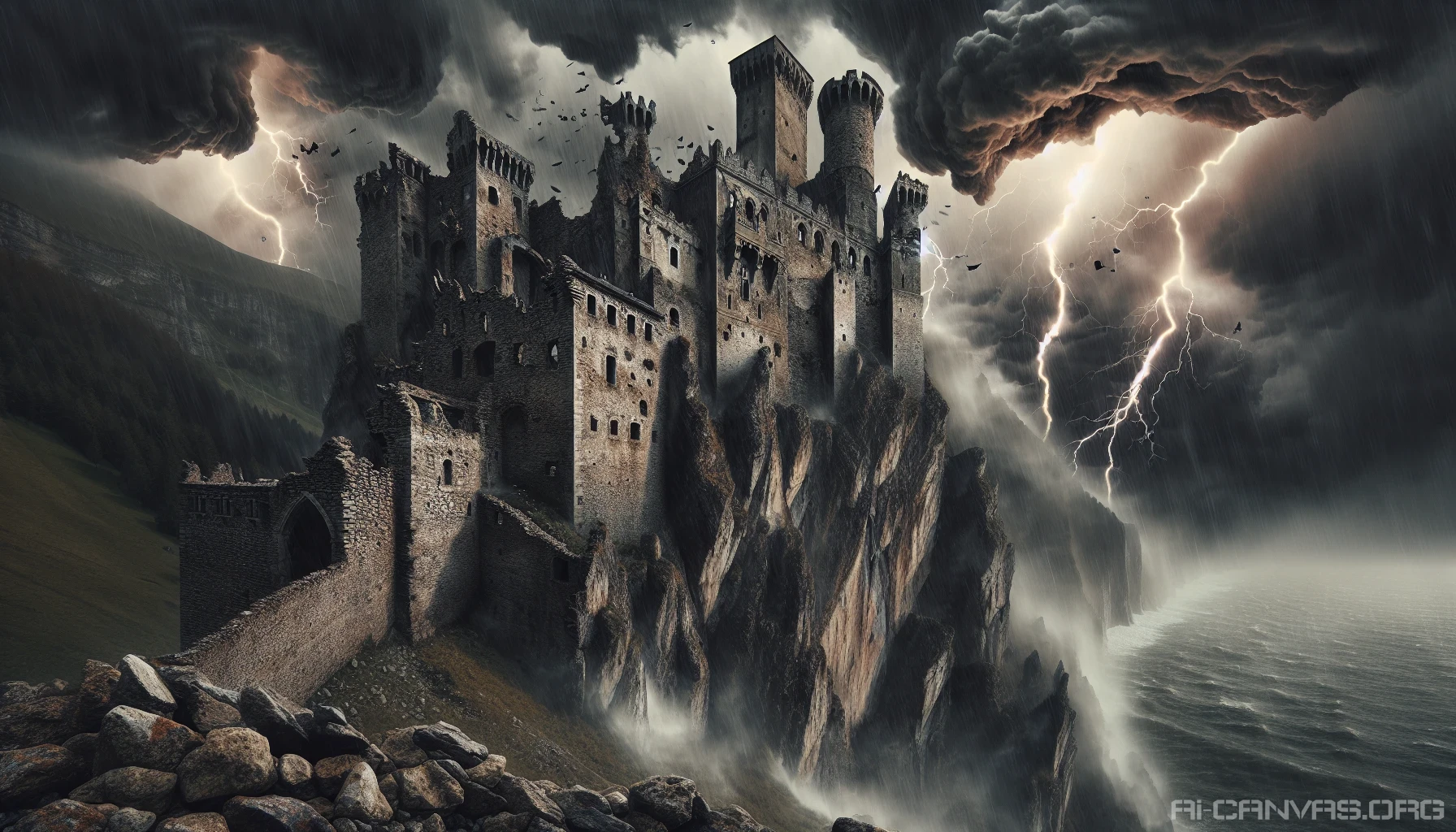A grand, ancient castle stands defiantly on a rugged cliff, its stones eroded by time and storms. Dark, swirling clouds gather overhead, illuminated by flashes of lightning that cast eerie shadows across the crumbling turrets. Rain pours down in torrents, creating an atmosphere of suspense as the wind howls through the broken windows. The scene captures the castle's haunting beauty and majestic decay, evoking both awe and mystery.