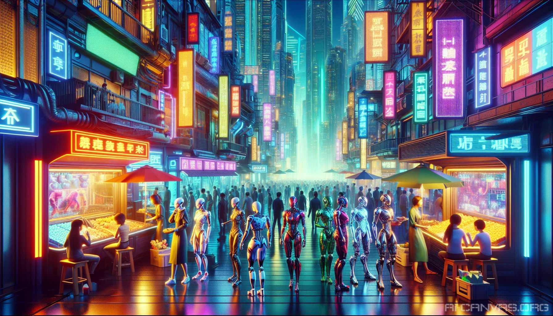 Immerse yourself in a vibrant cyberpunk street scene where robotic vendors peddle their wares amid a thrumming crowd. Futuristic attire glimmers under a cascade of neon lights, with reflections dancing off sleek metallic surfaces and towering glass buildings. The air is electric with energy, as the sounds of commerce blend with distant synth music, creating an unforgettable atmosphere of urban innovation and life.