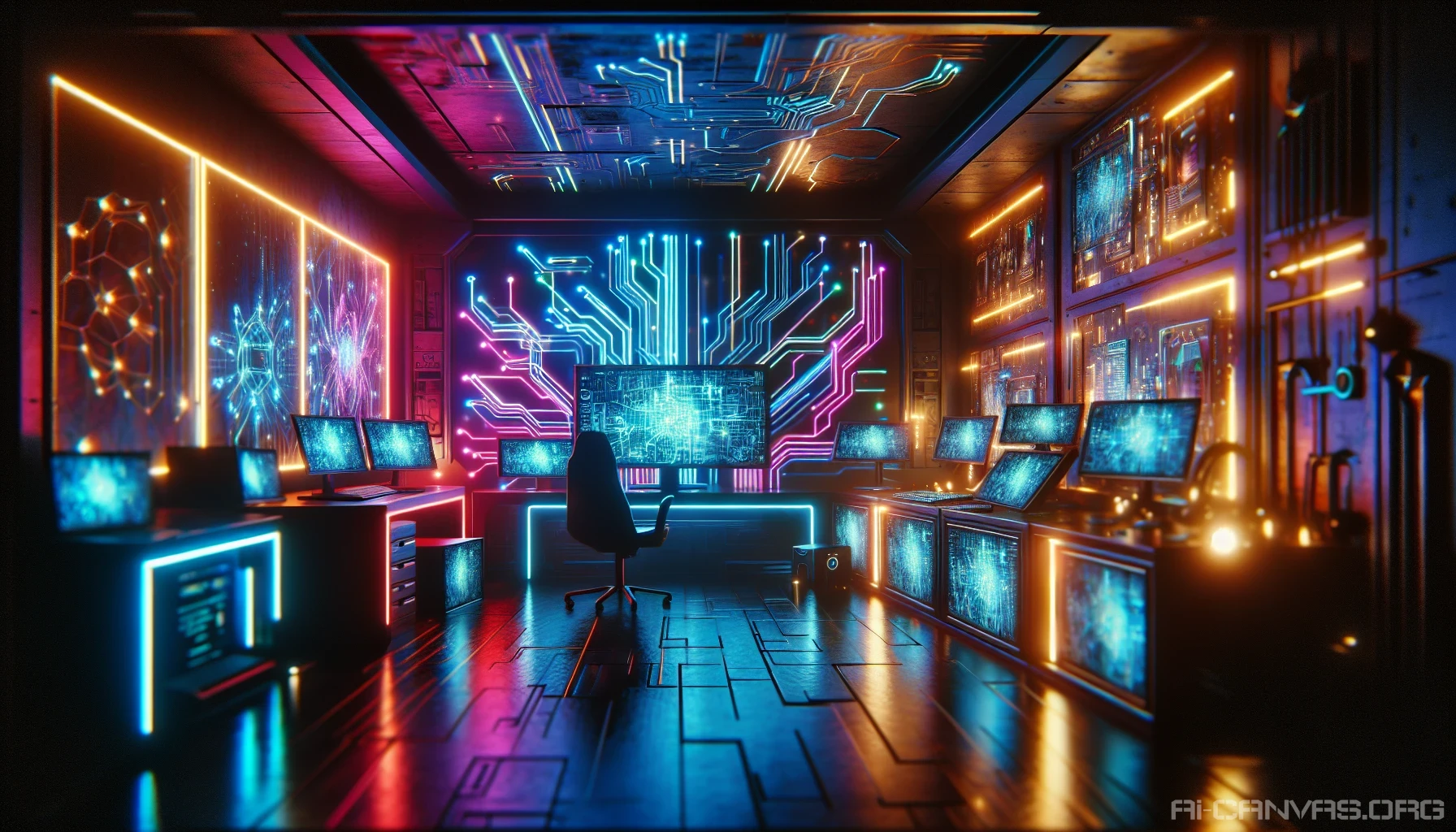 Immerse yourself in a vibrant cyberpunk hacker den, where glowing holographic screens illuminate the shadows and intricate circuits pulse through the walls. Deep cinematic lighting casts dramatic shadows, enhancing the otherworldly atmosphere. Sleek, futuristic gadgets lay scattered across the workspace, while digital maps and code flow seamlessly through the air. This is a realm where technology and creativity collide, thriving in a vivid neon glow.