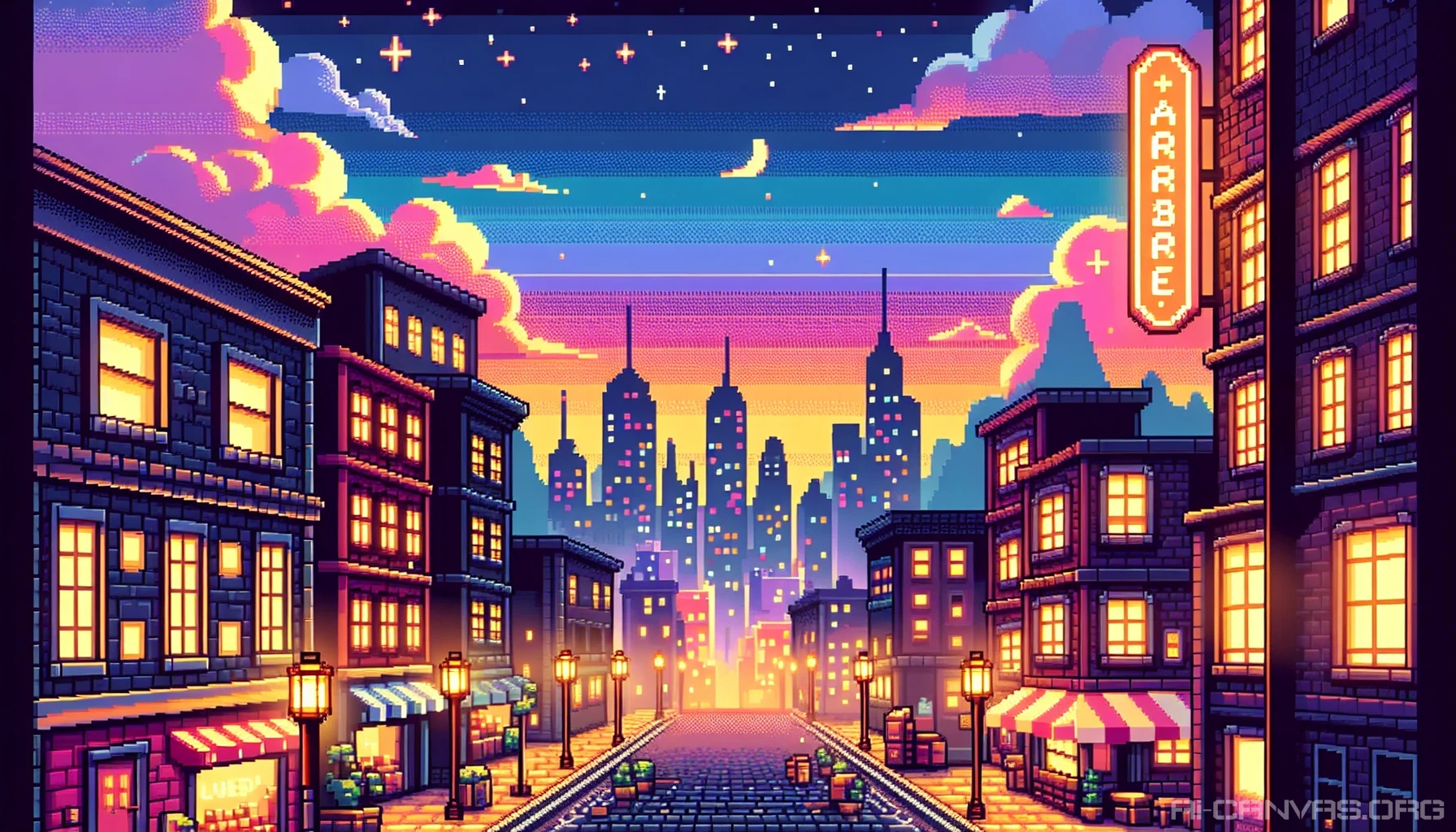 Immerse yourself in a vibrant pixel art city at dusk, where charming, blocky buildings rise against a backdrop of colorful skies. Streetlights flicker to life, casting a warm glow on pixelated cobblestone streets bustling with quirky characters. A retro arcade neon sign illuminates the scene, and in the distance, soaring pixelated mountains frame the horizon, inviting you to explore this nostalgic, digital wonderland.