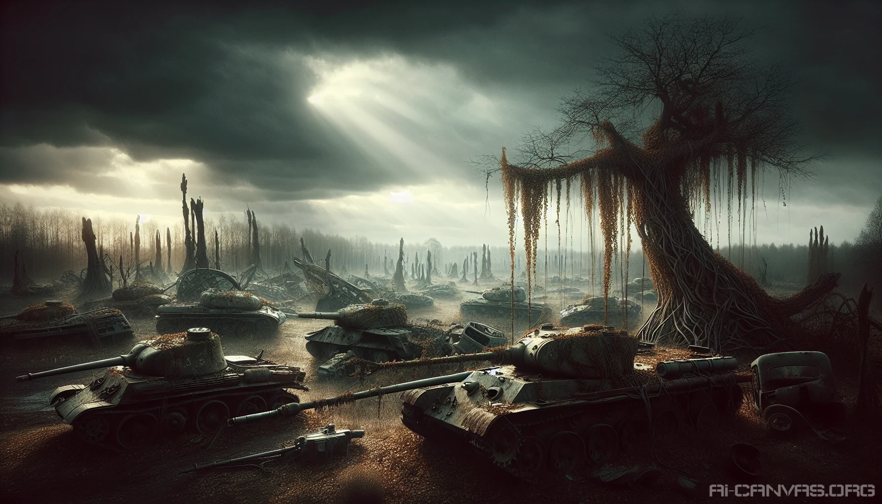 Picture a haunting battlefield where nature reclaims its territory, strewn with decaying military vehicles, their once formidable frames now draped in layers of rust and vines. Sunlight filters through the somber sky, casting a muted glow over the scene, highlighting the scars of conflict. In the background, ghostly silhouettes of trees stand tall, bearing witness to the destruction, while the air is filled with an eerie stillness that echoes past battles.