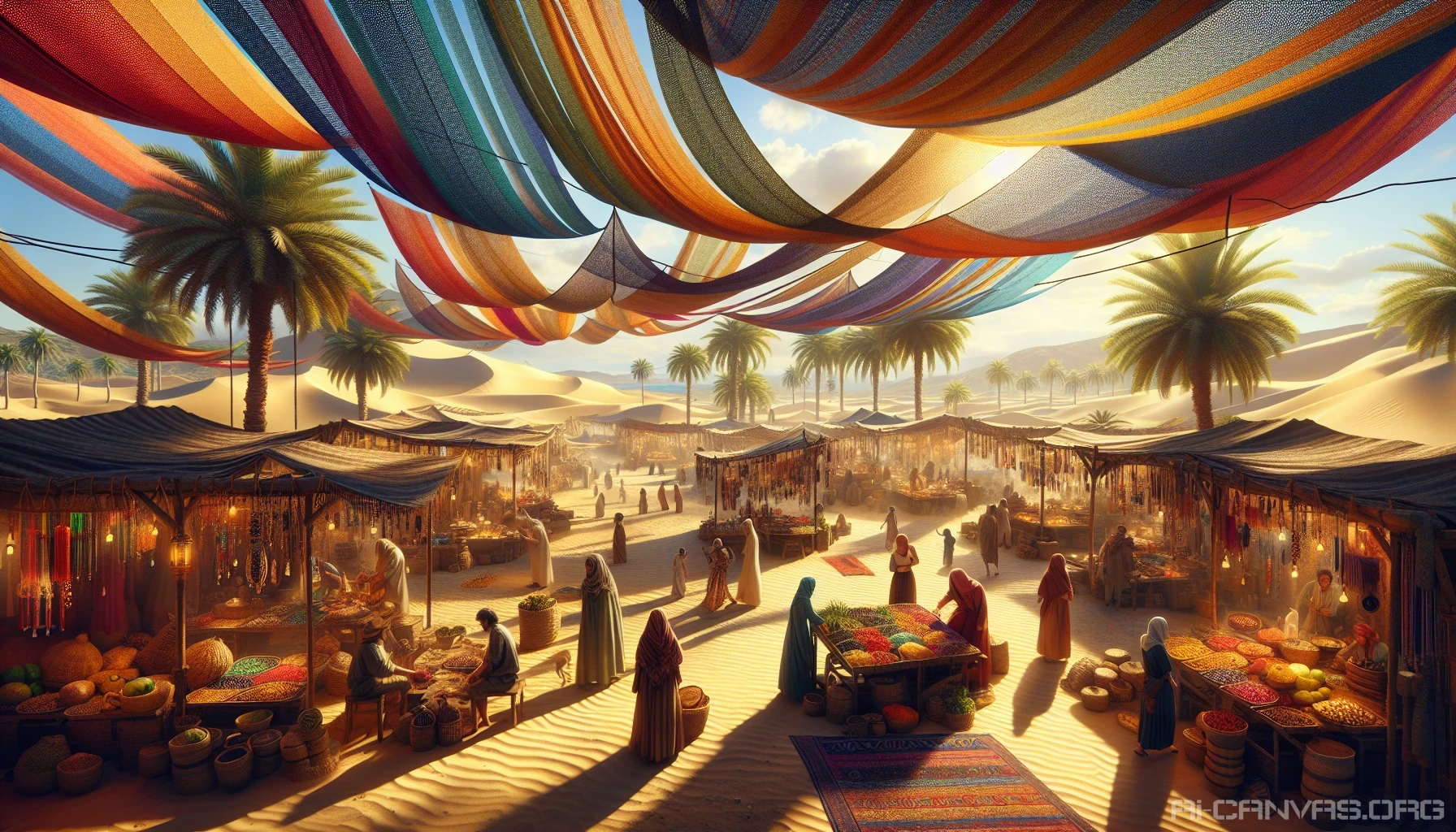 Imagine a vibrant marketplace nestled within a lush desert oasis, where the golden sands meet sparkling blue waters. Stalls adorned with colorful fabrics display exotic spices, handcrafted jewelry, and fragrant fruits, while locals and travelers mingle under swaying palm trees. Sunlight filters through vibrant canopies, casting playful shadows on the warm earth, as the sounds of laughter and bargaining fill the air, creating an enchanting atmosphere.
