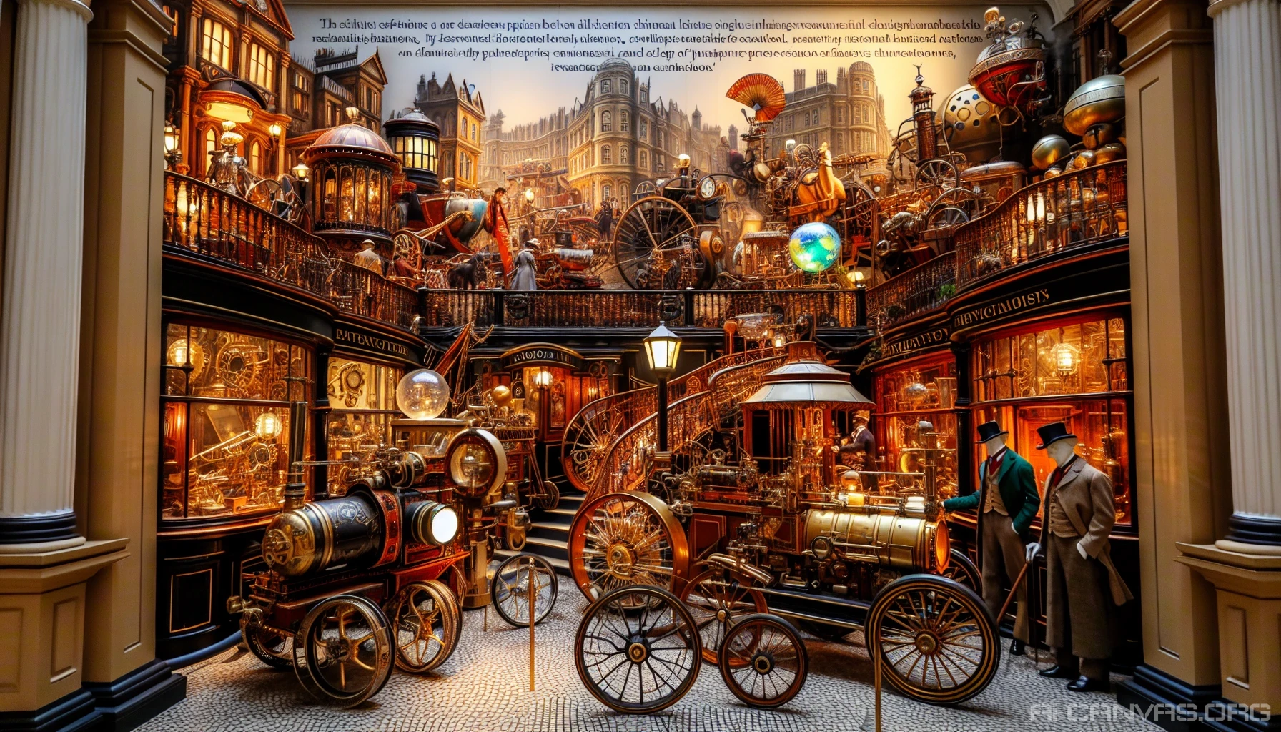 Dive into a mesmerizing world where Victorian elegance meets futuristic mechanics. Imagine a bustling street filled with ornate brass gadgets, intricately designed steam-powered vehicles, and whimsical contraptions. The air is thick with steam, and the sound of ticking gears fills the atmosphere. Characters dressed in stylish, layered attire mingle with fantastical automatons, creating a vibrant tableau of innovation and creativity that redefines the boundaries of time.