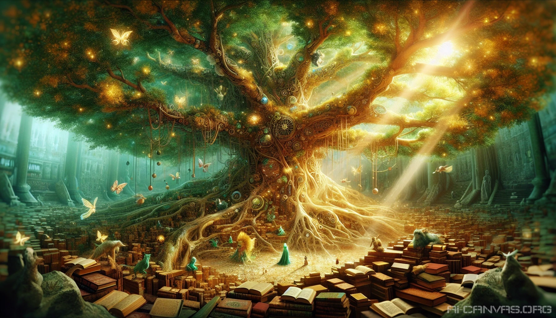 Envision a majestic, sprawling tree with an intricate network of roots and branches, symbolizing the Tree of Knowledge. Its leaves shimmer with hues of gold and emerald, reflecting the wisdom of ages. Beneath its expansive canopy, mystical creatures gather, sharing tales and secrets. Sunlight filters through the foliage, casting a warm glow on ancient tomes scattered at its base, inviting all seekers of knowledge to explore its depths.