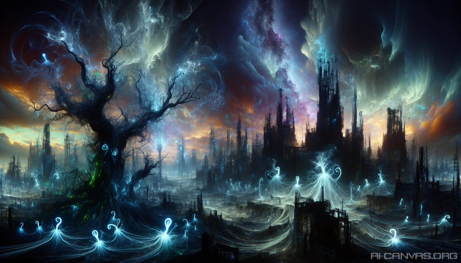 Envision a hauntingly beautiful landscape where the eerie essence of the Netherworld intertwines with a haunting cityscape. Glowing, ghostly figures float among twisted, gnarled trees and shadowy ruins, bathed in a dim twilight that casts elongated shadows. Sinister flora, with luminescent petals, sprout from the cracked earth, while the sky swirls with ominous clouds, hinting at an approaching storm that echoes the mystery and beauty of this otherworldly realm.