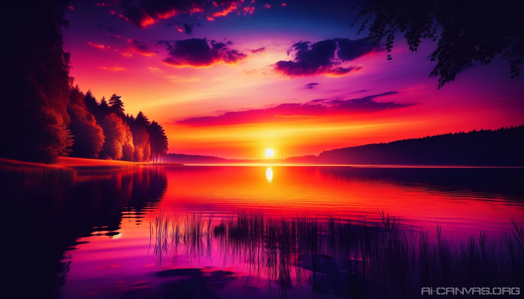 Capture a breathtaking scene where the sun dips below the horizon, casting vibrant hues of orange, pink, and purple across the sky. The stillness of a tranquil lake reflects these colors, creating a mesmerizing mirror effect. Silhouettes of distant trees line the shore, while gentle ripples dance on the water's surface, enhancing the peaceful ambiance of this idyllic setting.