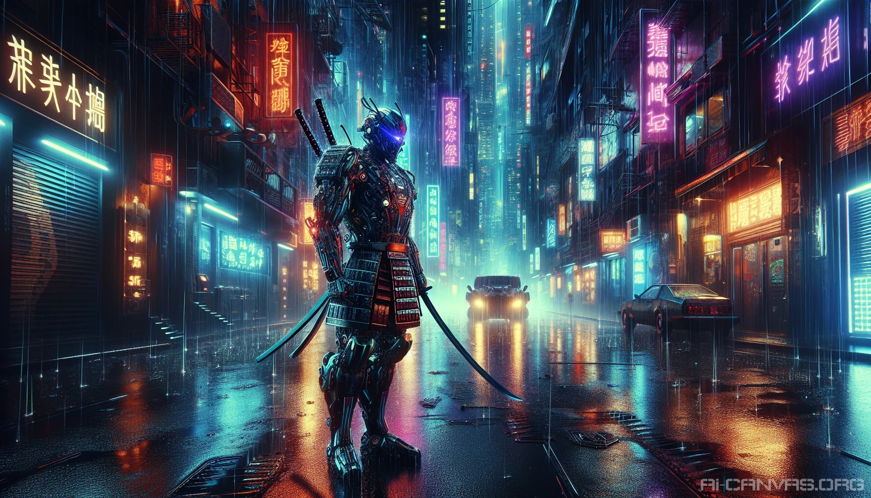 In a bustling cyberpunk city, a cybernetic samurai stands poised in a neon-lit alley, the glow of vibrant lights reflecting off rain-slicked pavement. Clad in an advanced exosuit, intricate circuitry glimmers against a backdrop of towering skyscrapers. The heavy rain adds a dramatic atmosphere, as drops dance around him, while shadows and light create a captivating cinematic composition, blending tradition with futuristic technology.