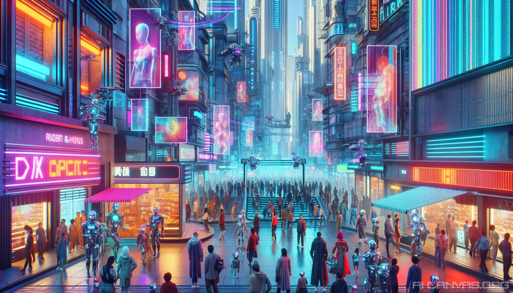 A vibrant cyberpunk street scene comes alive with bustling crowds adorned in futuristic attire, weaving through a maze of glowing neon lights. Robotic street vendors showcase their wares, while the metallic surfaces of towering glass buildings reflect a kaleidoscope of vibrant colors. Holographic advertisements flicker and dance overhead, immersing the viewer in a dynamic urban ecosystem where technology and humanity collide in a symphony of sights and sounds.