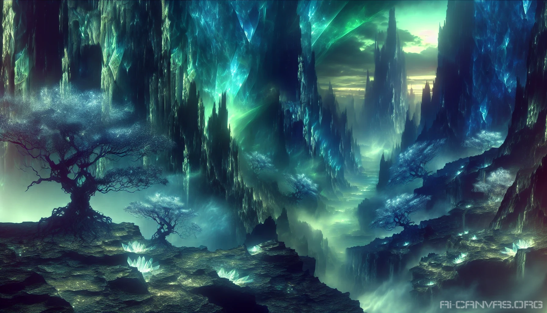 Dive into a breathtaking scene where ethereal mists swirl amidst towering, jagged cliffs, painted in hues of deep emerald and twilight blues. Glimmering crystals peek through rocky crevices, reflecting the soft light of a hidden moon. Ancient trees with twisted roots emerge from the canyon walls, their leaves whispering secrets to the wind. The air is thick with magic, inviting explorers to uncover the wonders of this mystical landscape.