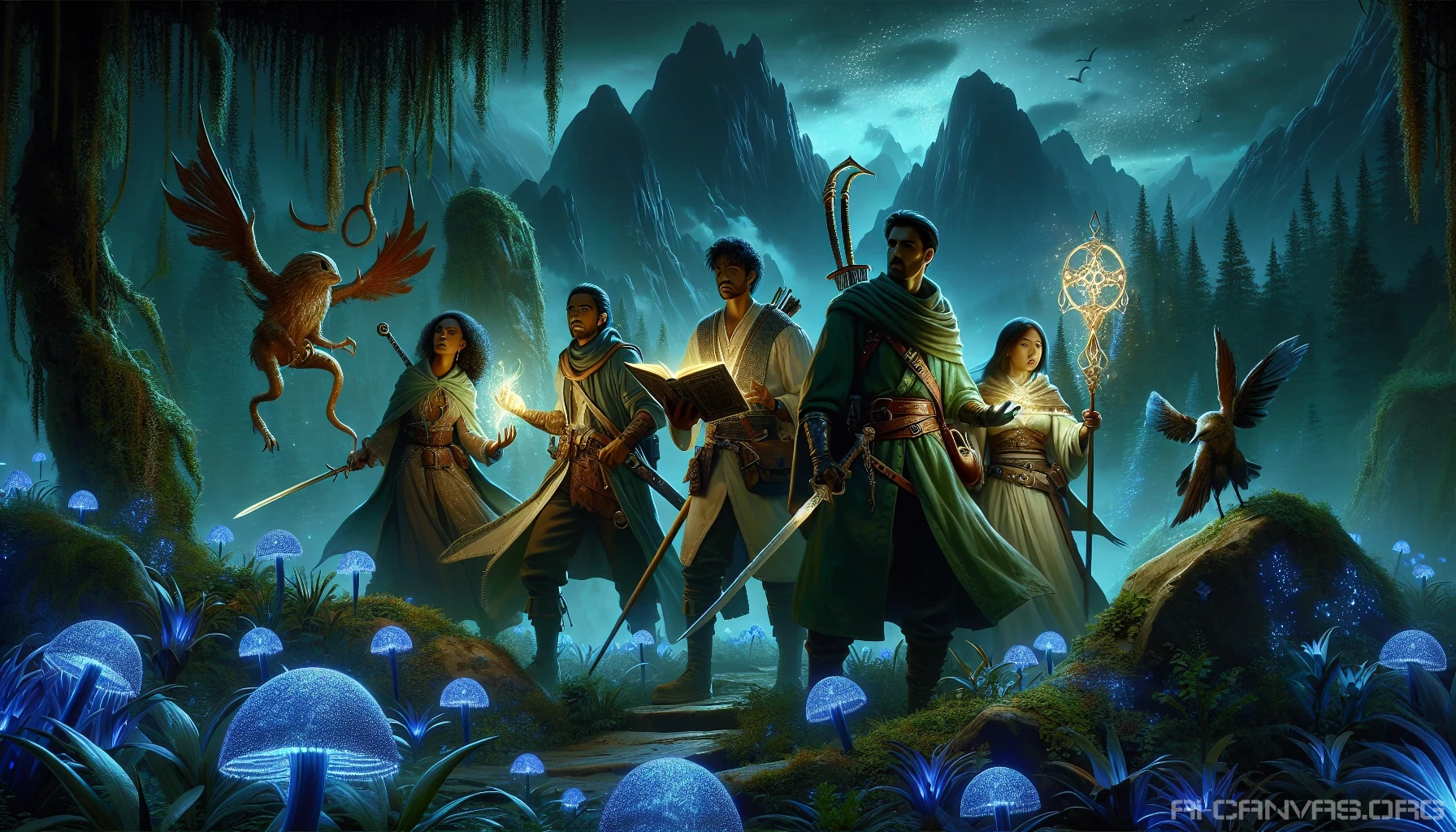 In a mystical forest illuminated by bioluminescent plants, a diverse group of adventurers stands poised to embark on their epic quest. Their expressions are a blend of determination and trepidation as they exchange stories of the legendary artifact—a golden amulet said to hold the power to change fate. In the distance, shadowy mountains loom, whispering secrets of ancient magic and hidden dangers.