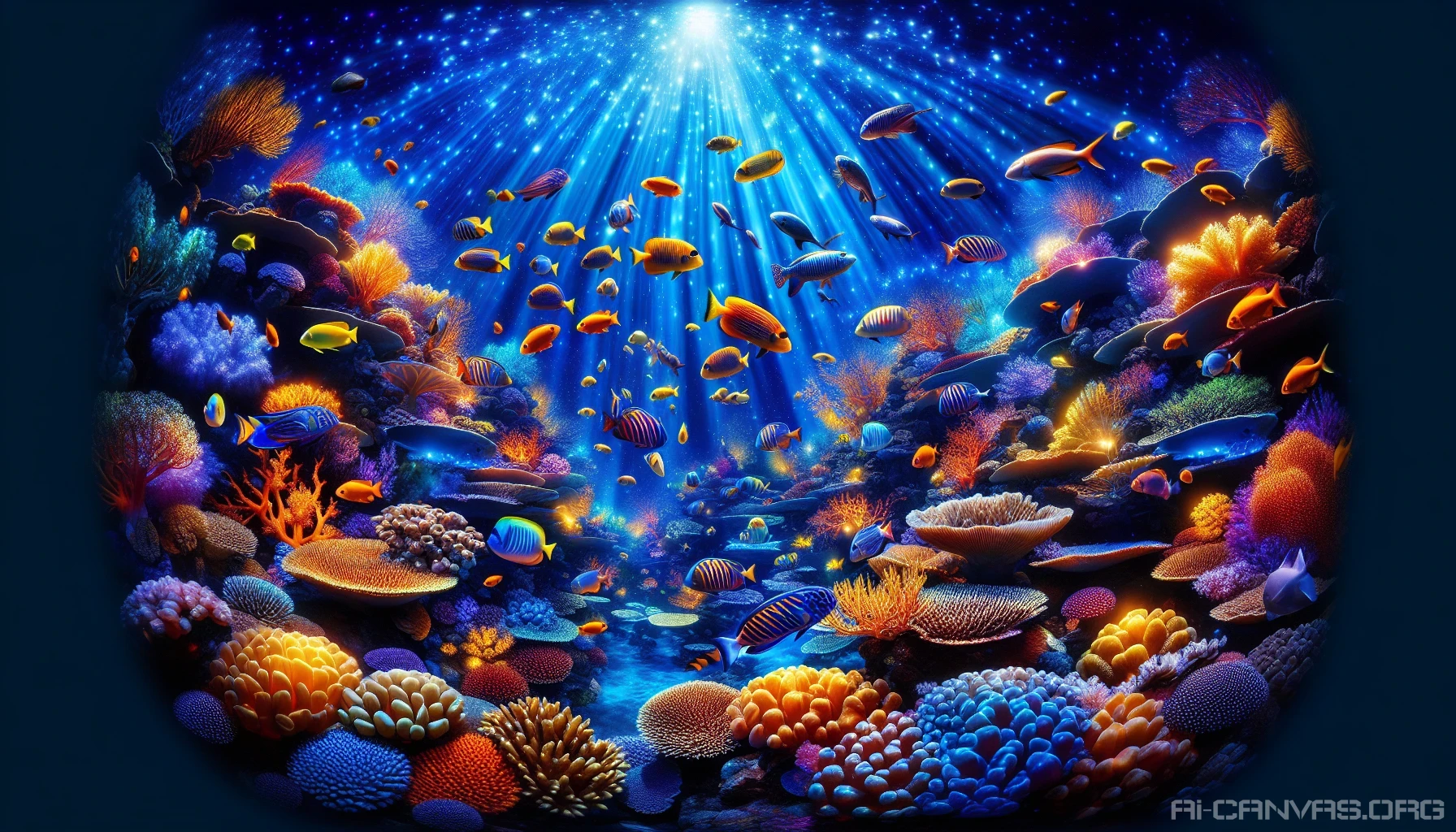 Dive into a mesmerizing underwater world where a vibrant coral reef teems with life. Bursting with shades of electric blue, fiery orange, and sunny yellow, the corals create a stunning backdrop for schools of iridescent fish swimming gracefully. Each fish, adorned in unique patterns, flits between the coral structures, creating a dynamic dance of color. Sunlight filters through the surface, casting shimmering reflections that enhance this aquatic paradise.