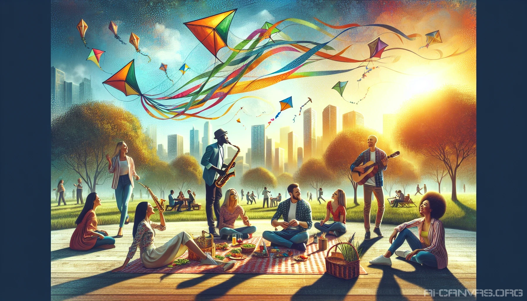 Imagine a lively scene in a bustling city park, where people from different walks of life come together. A joyful blend of cultures unfolds, showcasing individuals engaged in activities like picnicking, playing music, and sharing stories. The sun filters through the trees, casting playful shadows on their faces, while colorful kites soar above, symbolizing unity and celebration amidst the vibrant tapestry of life.