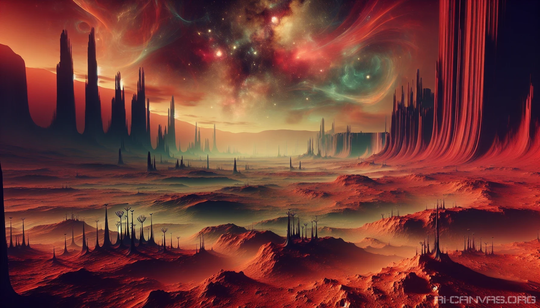 Picture a desolate alien planet bathed in hues of burnt red, its surface strewn with peculiar rock formations that tower like ancient sentinels. The sky above is a surreal amalgamation of swirling colors, casting an ethereal glow on the landscape. Wisps of otherworldly fog drift through the air, while the distant outlines of bizarre plants sway gently in a breeze that seems to whisper secrets of the cosmos.