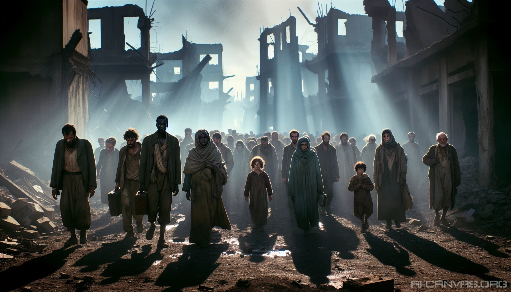 In a hauntingly vivid portrayal, a group of weary refugees emerges from the ashes of a devastated city, their faces etched with despair and hope. Crumbling buildings loom in the background, shrouded in smoke and dust, while the sun breaks through the gloom, casting long shadows. Their tattered clothes tell stories of loss, resilience, and an unwavering spirit as they journey toward an uncertain future.