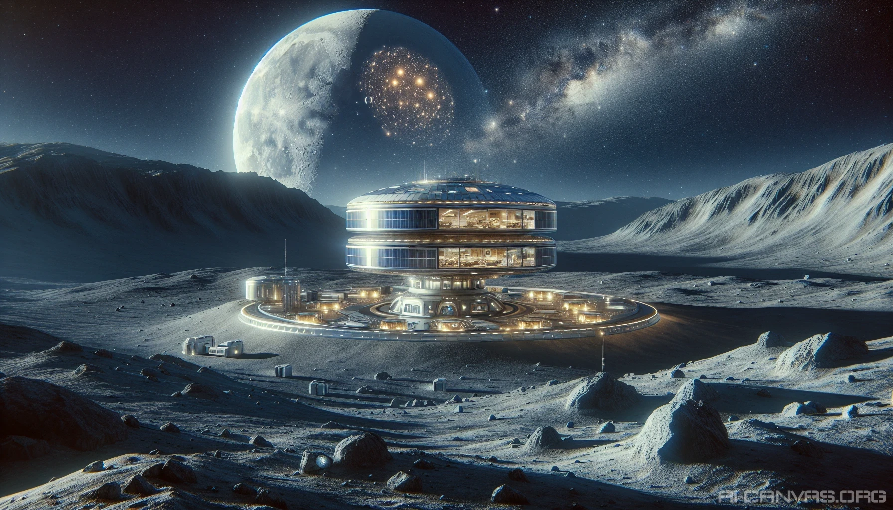 Imagine a breathtaking lunar base nestled in a tranquil landscape, illuminated by the silvery glow of distant stars. The base, adorned with sleek, futuristic architecture, glimmers against the rugged surface of the moon, while the expansive night sky above bursts with a tapestry of stars and swirling galaxies. Soft lunar dust glows faintly, adding a serene atmosphere to this extraterrestrial haven.