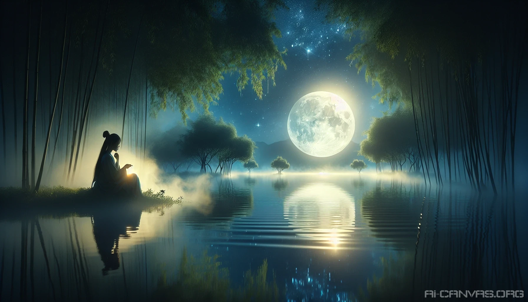 Envision a tranquil scene bathed in soft moonlight, where a serene figure sits beside a still lake, lost in deep thought. The shimmering water mirrors the radiant moon, surrounded by lush, whispering trees. Delicate wisps of fog dance above the surface, enhancing the atmosphere of calm. Stars twinkle overhead, and gentle ripples create a soothing rhythm, inviting viewers to share in this peaceful moment of introspection.