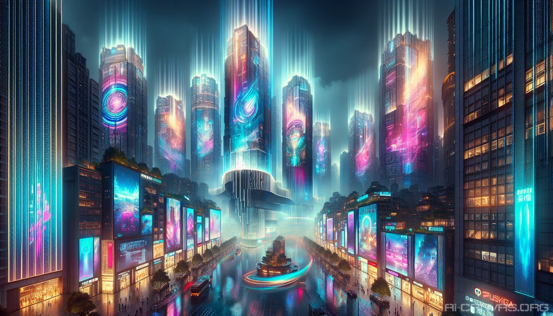 Picture a bustling cityscape at night, where skyscrapers loom like giants, their surfaces alive with vibrant, massive holographic advertisements. Neon colors flicker and dance, showcasing dazzling designs and futuristic products. The streets below are teeming with people, all entranced by the spectacle above. A soft mist hangs in the air, enhancing the ethereal glow, while reflections shimmer off wet sidewalks, creating a surreal urban dream.