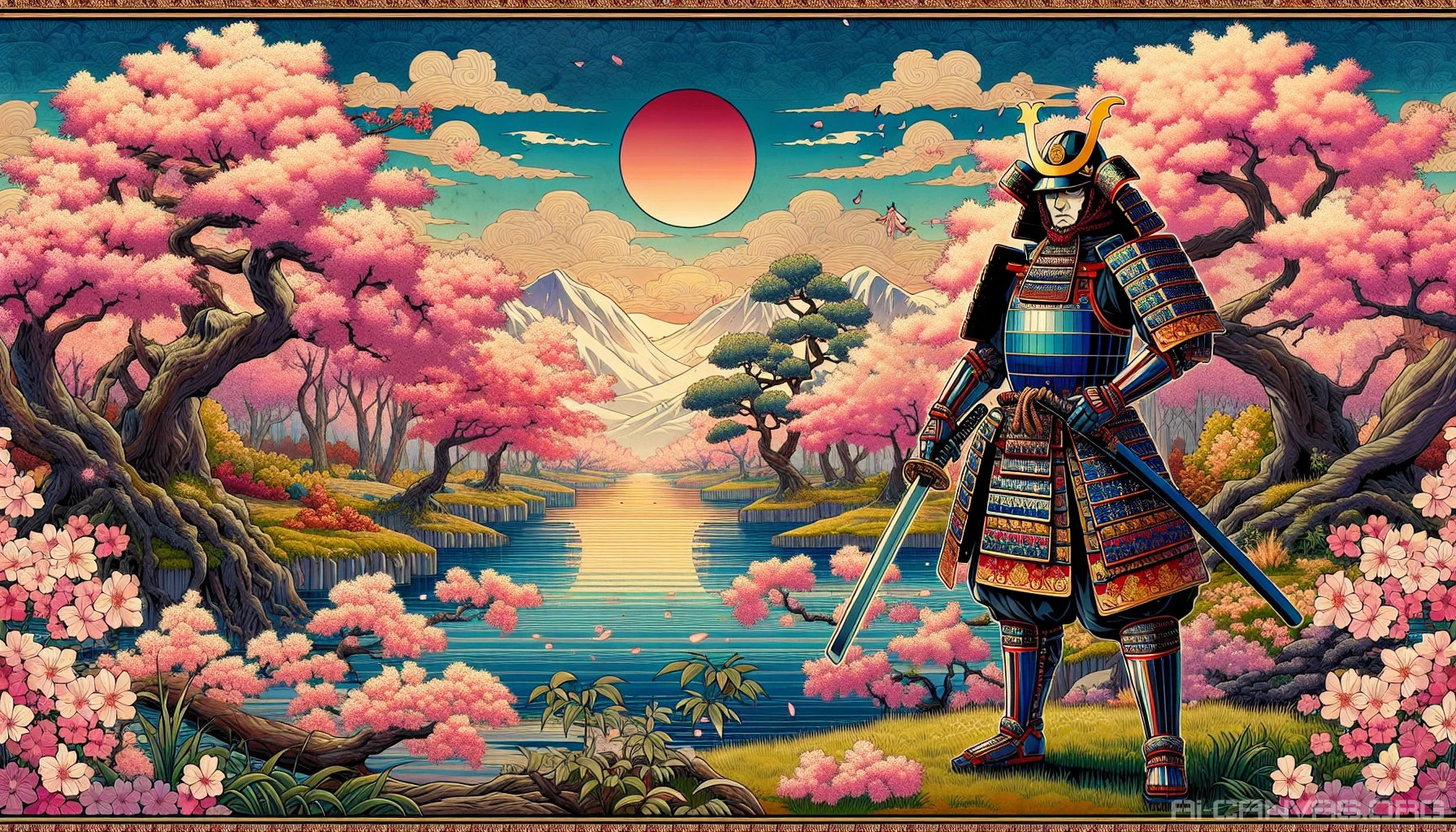 Imagine a vibrant scene where traditional Japanese ukiyo-e prints blend seamlessly with modern anime aesthetics. Majestic cherry blossoms bloom in the foreground, framing a serene samurai warrior standing atop a misty hill. His armor glistens with intricate patterns, reflecting the warm hues of a setting sun. A tranquil river winds through the landscape, capturing the beauty of nature and the rich storytelling found in both art forms.