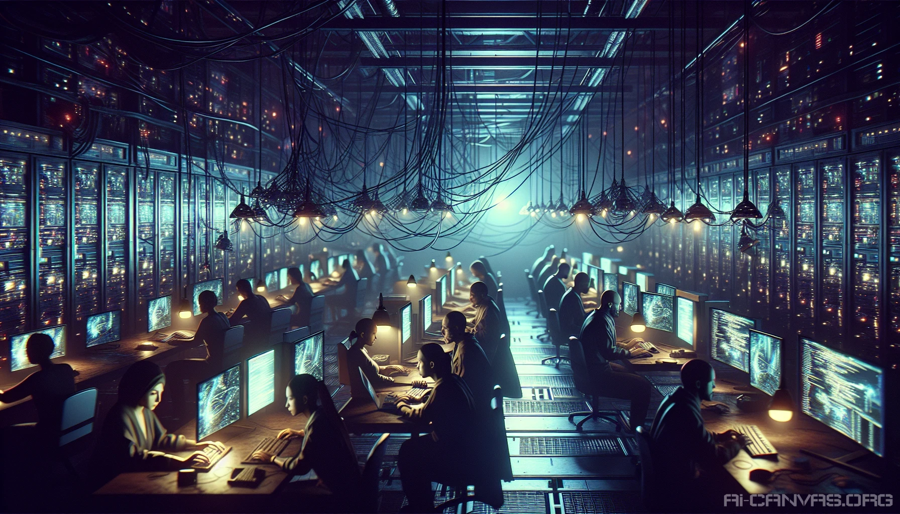 Immerse yourself in a dimly lit underground hacker base, where walls are lined with glowing monitors displaying streams of code and digital maps. The air is thick with the hum of cooling fans and the faint glow of LED lights intertwines with a tangled web of wires. Shadows dance across the cluttered desks filled with tech gadgets, as a group of focused individuals collaborate on their next digital heist, illuminated by the flickering screens.