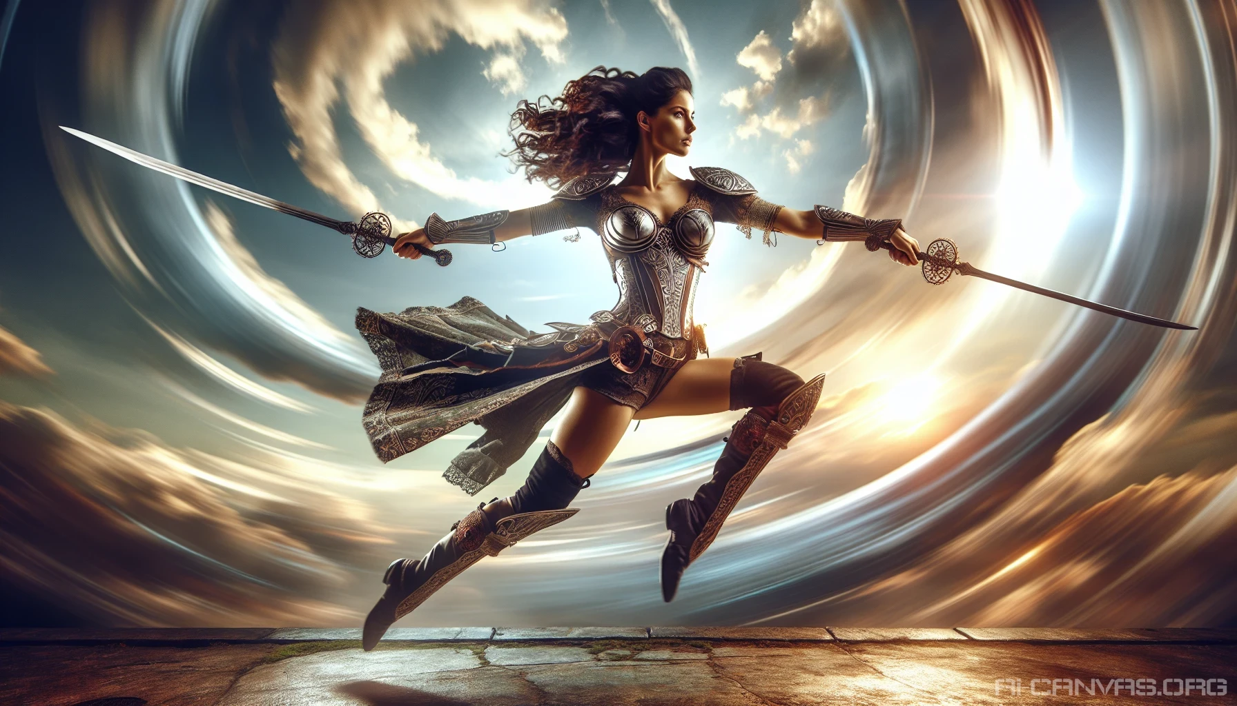 Capture the exhilarating moment of a dual-wielding fighter soaring through the air. Clad in intricately designed armor, the warrior spins gracefully, blades shimmering in the sunlight. A backdrop of swirling clouds and vibrant sky enhances the sense of motion, while the ground below blurs, amplifying the dynamic energy. This image should evoke a feeling of power, agility, and the artistry of battle, frozen in time.
