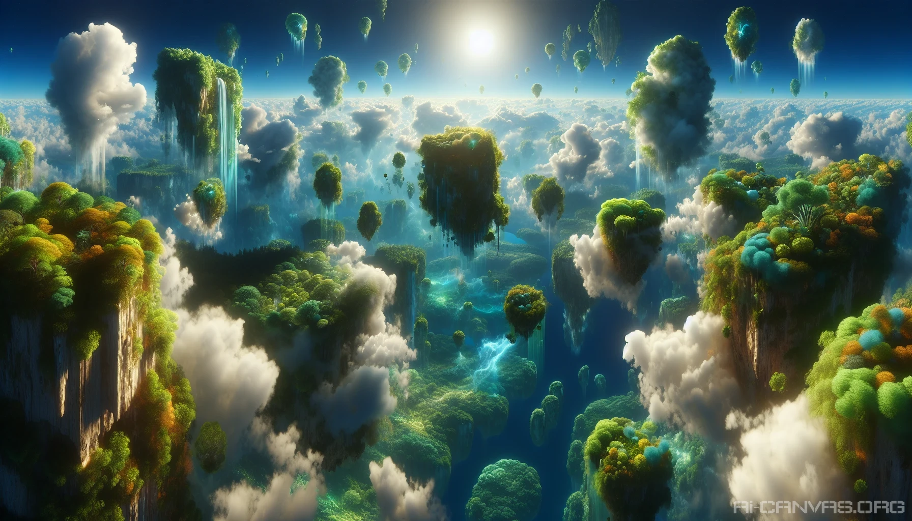 Picture a breathtaking aerial landscape where vibrant, lush islands drift serenely in a cerulean sky. Each island bursts with color, featuring cascading waterfalls, exotic flora, and whimsical creatures. Soft, fluffy clouds cradle these mysterious landforms, casting playful shadows on the vibrant greenery below. Light filters through the atmosphere, creating a surreal and magical ambiance, inviting viewers to explore this fantastical world suspended in the air.