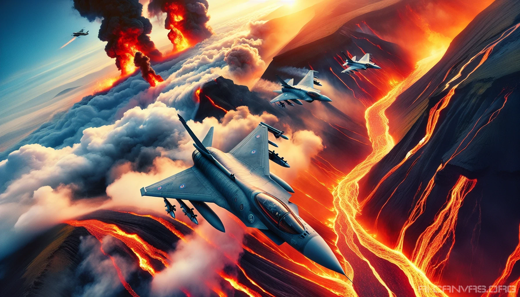 A breathtaking scene unfolds as sleek fighter jets soar above a dramatic landscape engulfed in flames. The jets, gleaming under the intense sunlight, cut through the smoke-filled air, creating a stark contrast against the fiery backdrop. Below, molten lava cascades down rugged cliffs, while the sky is tinged with hues of orange and red, embodying both destruction and beauty in an exhilarating display of power.
