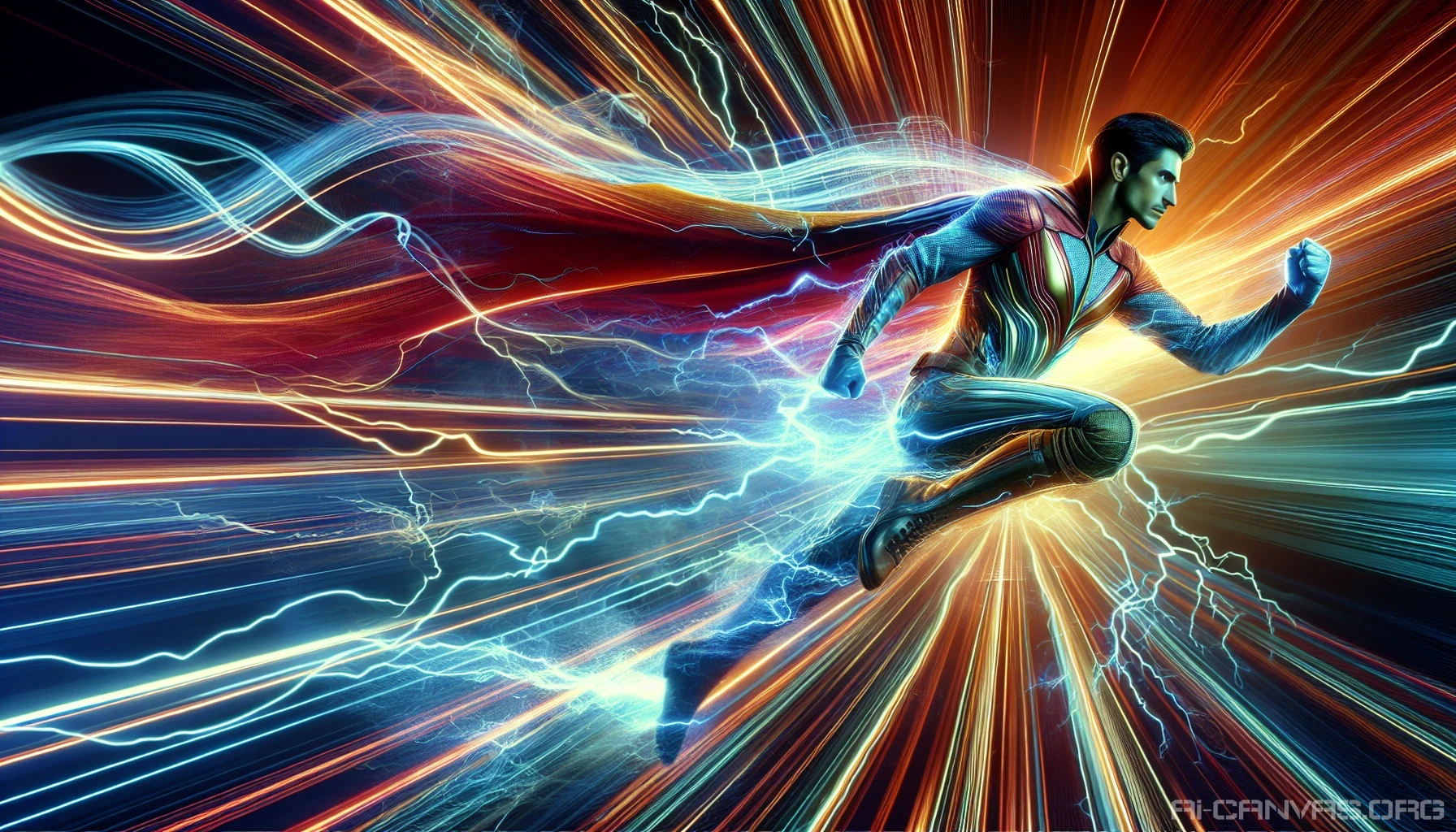 Imagine a vibrant scene where a hero leaps into action, surrounded by swirling speed lines that convey motion and intensity. The background is a blur of colors, blending seamlessly to enhance the feeling of rapid movement. The character, clad in a sleek, futuristic outfit, showcases a powerful pose, with energy crackling around them. This striking visual captures the essence of high-octane adventure, drawing viewers into a world of excitement and thrill.