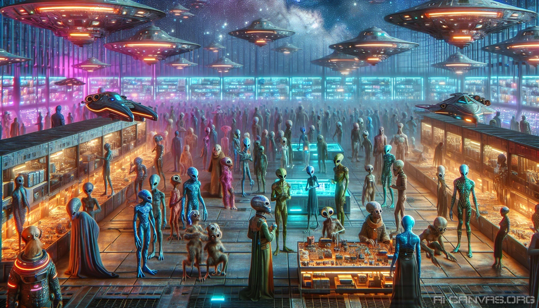 An otherworldly scene unfolds at a vibrant spaceport, bustling with a diverse array of aliens from distant planets, each showcasing unique features and attire. Sleek, futuristic spaceships of all shapes and sizes fill the luminous hangars, while radiant neon lights flicker overhead. Interstellar travelers negotiate and exchange exotic goods, creating a lively atmosphere of commerce and chatter, as a backdrop of distant stars twinkles in the cosmic sky.