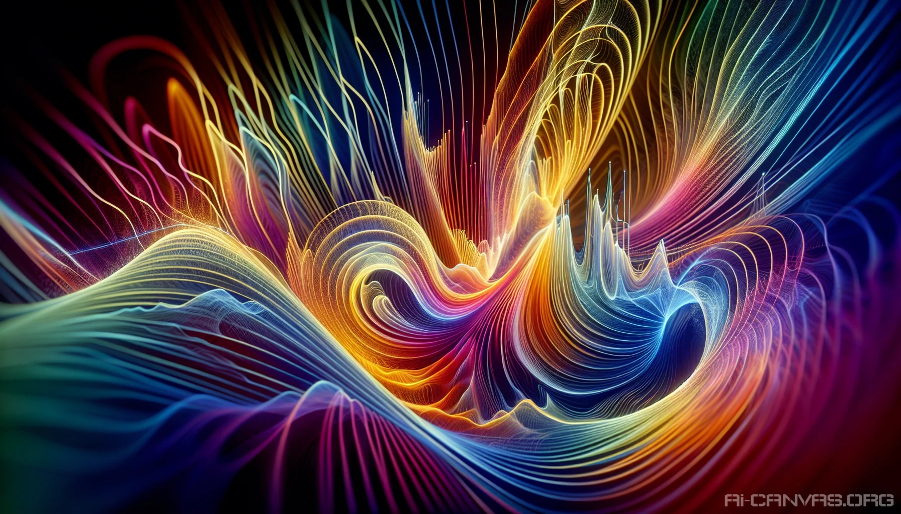 Imagine an abstract representation of emotions as vibrant waveforms in a spectrum of colors. Each wave undulates dynamically, symbolizing joy, sadness, anger, and tranquility. The background is softly blurred, enhancing the focus on the sharp, pulsating lines that twist and turn, evoking a sense of movement and depth. Subtle textures within the waves suggest complexity, inviting viewers to connect with the depth of human emotions in a striking visual symphony.