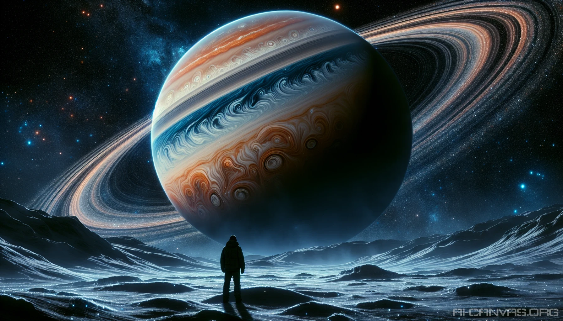 Imagine standing on the icy surface of a distant moon, gazing up at a colossal ringed gas giant dominating the night sky. Its swirling clouds of vibrant oranges, blues, and whites reflect the light of a distant sun, while intricate rings of dust and ice dance around its equator. The moon beneath your feet is dotted with shimmering frost, creating a stark contrast to the magnificent cosmic ballet above.