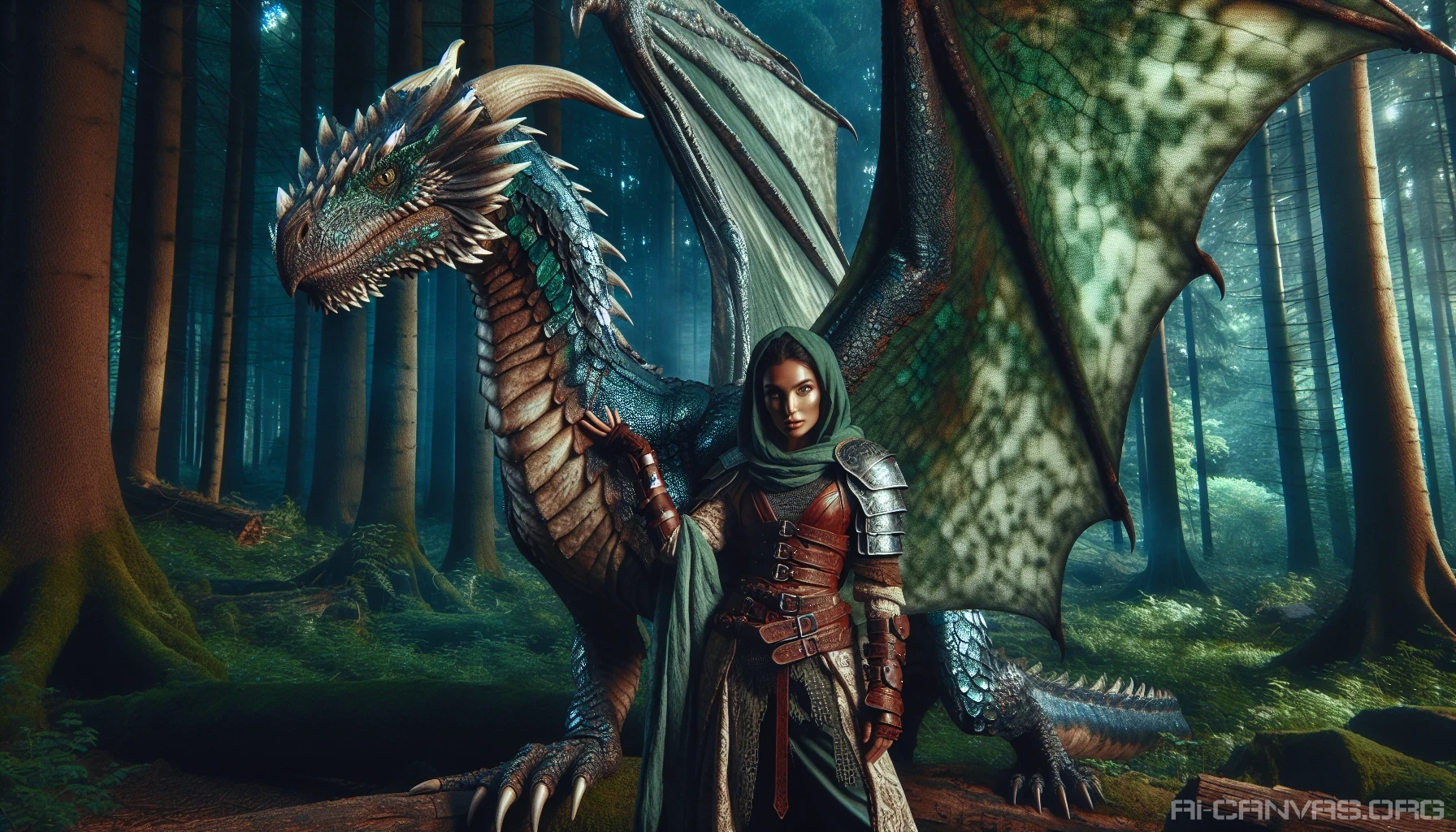 In a mystical forest, a fierce beast tamer stands confidently, clad in rugged leather armor adorned with shimmering scales. Beside them, a magnificent dragon with iridescent emerald scales unfurls its massive wings, casting dappled shadows on the forest floor. The tamer's hand rests gently on the dragon's neck, showcasing their unbreakable bond, while the air crackles with the energy of magic and unwavering loyalty.