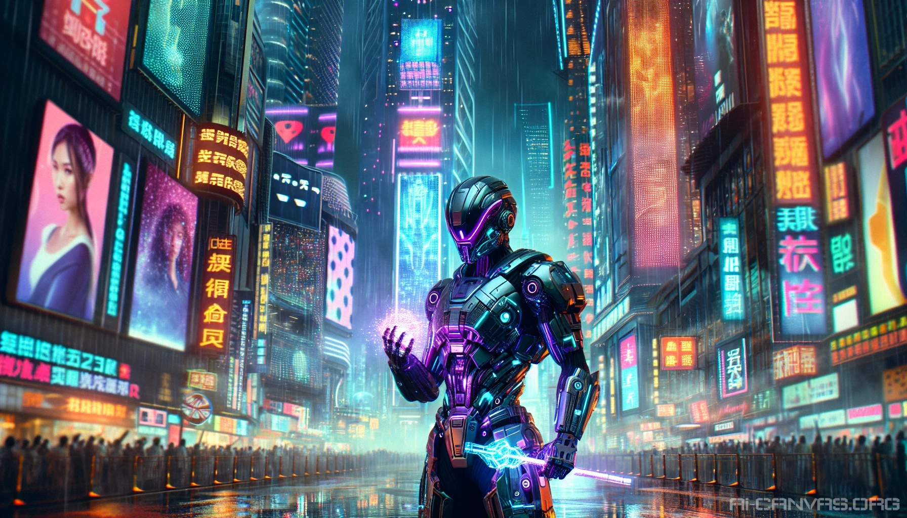 In a bustling futuristic metropolis, a formidable cybernetic bounty hunter stands poised under the vibrant glow of neon lights. Dressed in sleek armor that reflects the dazzling hues of towering skyscrapers and digital billboards, the hunter grips a pulsating energy weapon. The atmosphere is electric, filled with the hum of technology, as rain-soaked streets glisten, adding to the allure and danger of this high-tech urban landscape.