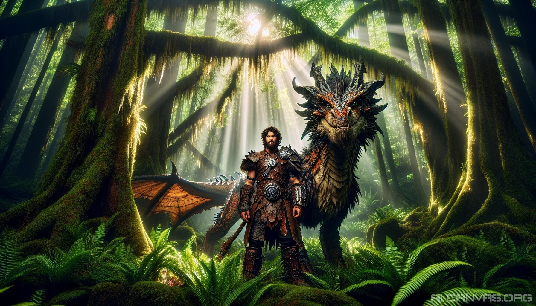 In a lush, enchanted forest, a fierce-looking beast tamer stands confidently, clad in rustic leather armor adorned with intricate patterns. Beside them, a majestic dragon with shimmering scales and glowing eyes radiates loyalty and strength. The sunlight filters through the trees, casting a magical glow on their bond—an epic scene where courage meets companionship, ready to face any challenge together in their fantastical world.