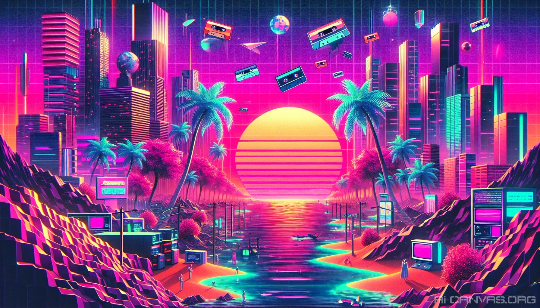Immerse yourself in a vibrant vaporwave dreamscape, where retro aesthetics collide with surreal landscapes. Picture neon hues bathing an abandoned city drenched in digital nostalgia, with palm trees swaying under pixelated sunsets. Glitch art overlays create a mesmerizing distortion, while classic 80s visuals, such as cassette tapes and arcade machines, float in the air. This evocative scene invites you to explore a parallel universe filled with creativity and whimsy.