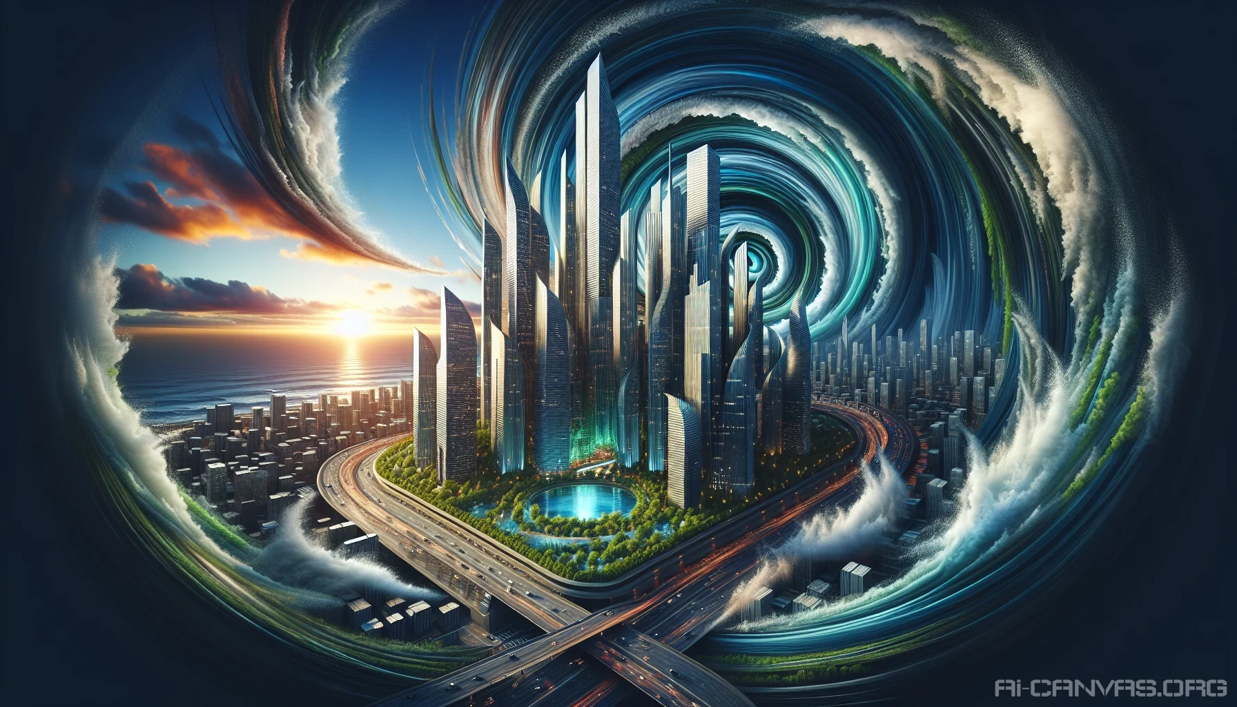 Visualize a stunning cityscape inspired by the dynamic, fluid architecture of Whirlpool City. Towering structures swirl and twist, mimicking the motion of water, bathed in vibrant hues of blue and green. The skyline glints under a luminous sunset, reflecting a surreal blend of nature and modernity. Verdant parks weave through the urban landscape, inviting citizens to experience harmony between innovation and the environment.