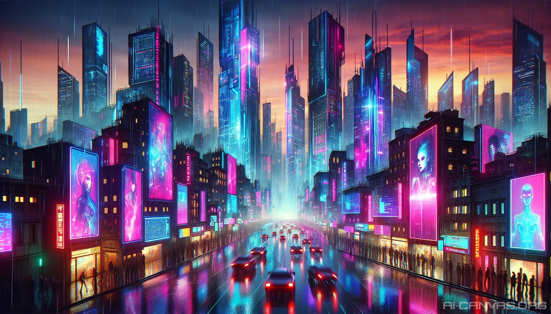 Imagine a bustling cyberpunk metropolis at twilight, where towering skyscrapers shimmer with vibrant neon lights in shades of electric blue and hot pink. Rain-soaked streets reflect the glowing advertisements and holograms that dance above. Crowded with diverse characters in futuristic attire, the scene is alive with energy, while flying vehicles zip through the air, creating a dynamic blend of technology and urban culture in a mesmerizing visual spectacle.