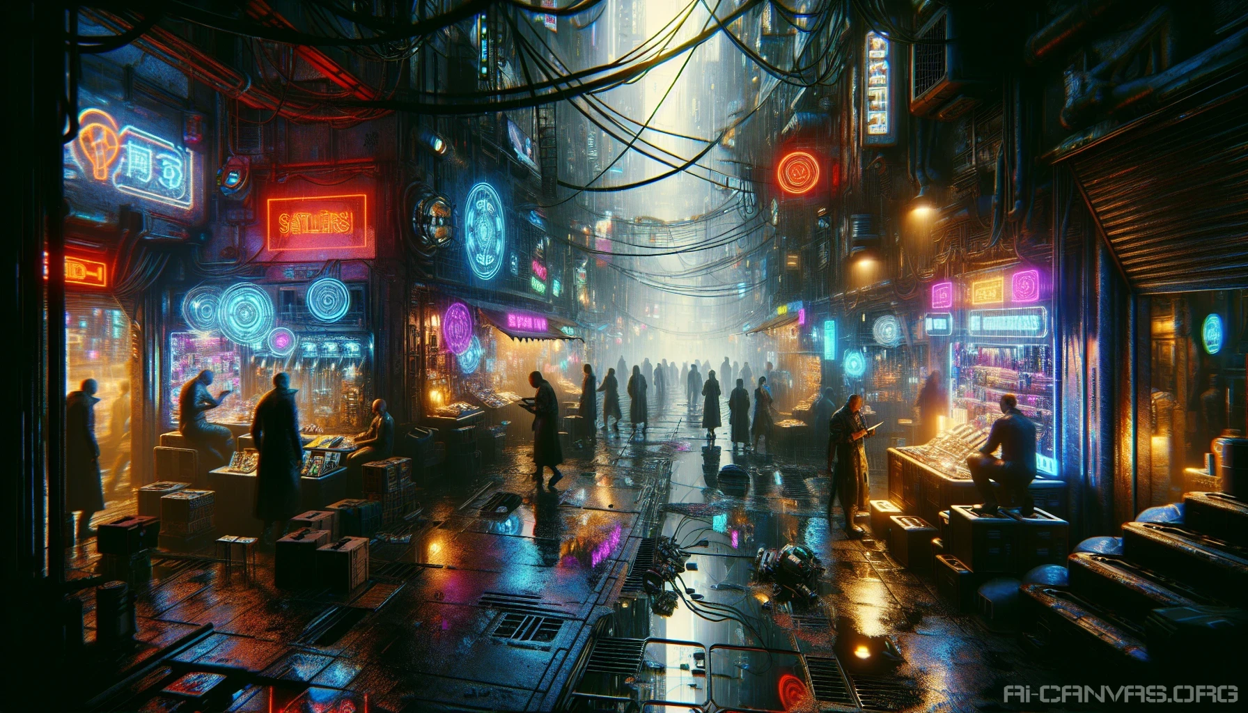 Step into a gritty underground cyberpunk market, where the air pulses with the hum of technology and adrenaline. Vendors tout black-market cybernetics, their stalls illuminated by flickering neon holograms. Rain drips from above, pooling on the slick floors, reflecting chaotic scenes of hackers and mercenaries weaving through the crowd. The vibrant colors contrast sharply with the dark atmosphere, creating a space alive with intrigue and danger.