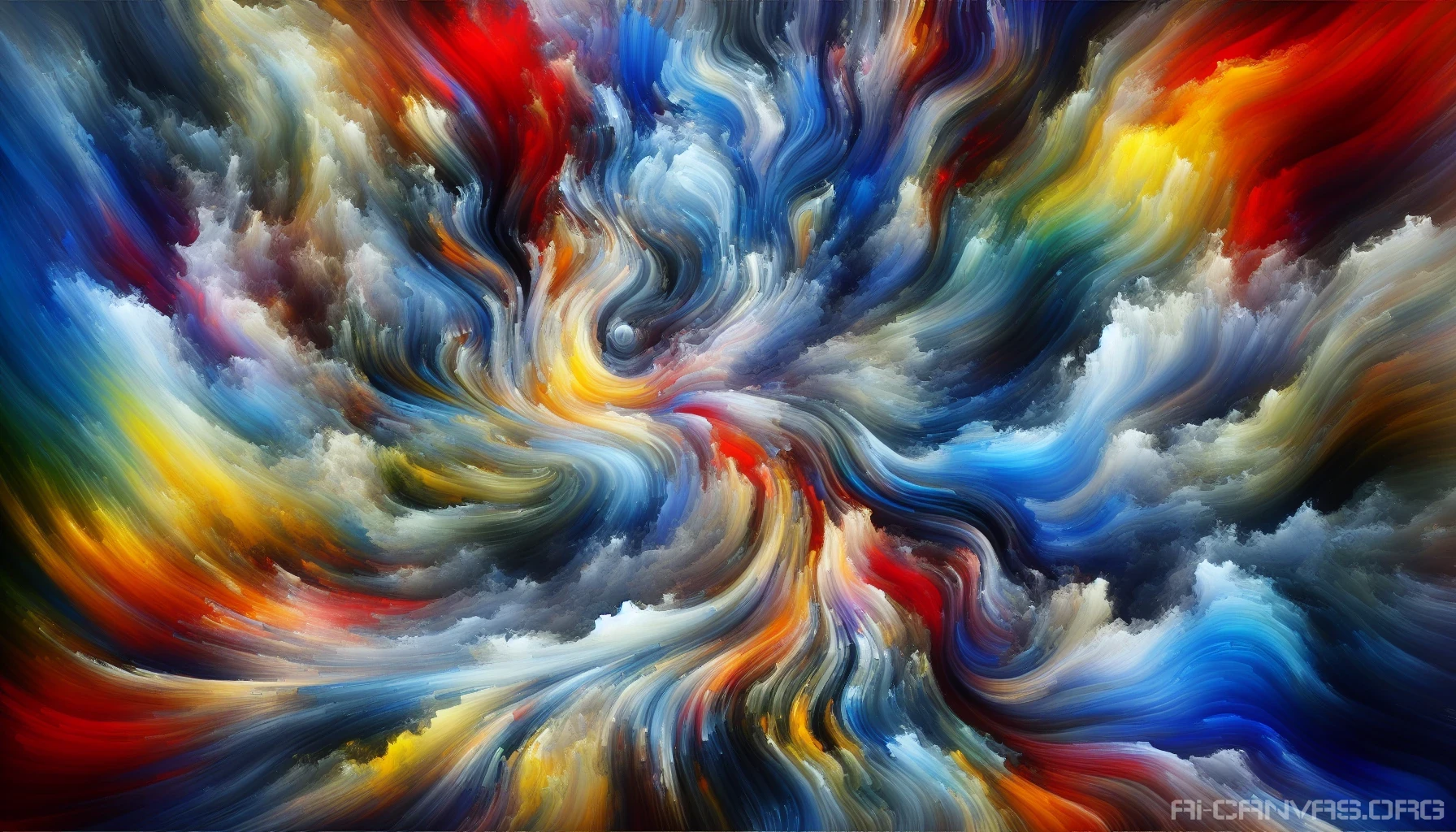 Create a vibrant explosion of colors in an abstract art style, featuring swirling shapes and dynamic lines that convey motion and emotion. Use a rich palette of blues, reds, and yellows to create depth and contrast. The composition should evoke a sense of chaos and beauty, inviting viewers to lose themselves in the interplay of forms that dance and flow across the canvas.