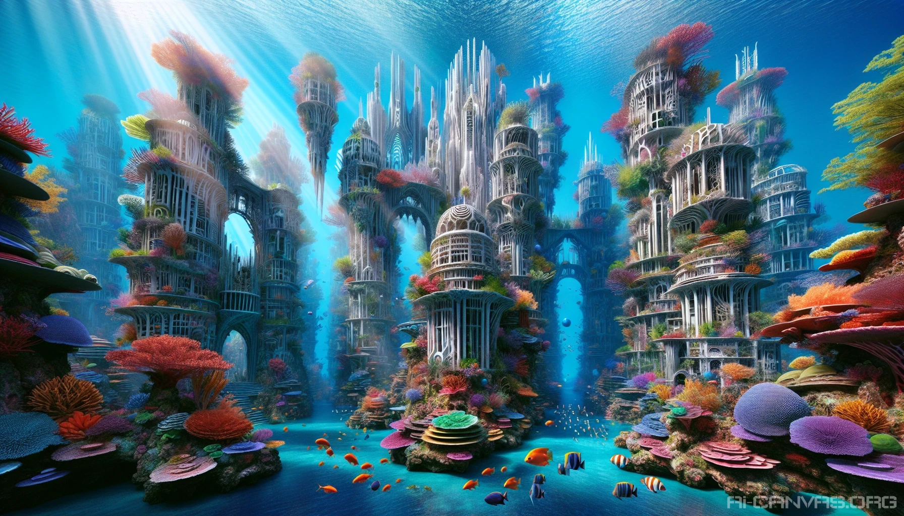 Explore an enchanting underwater metropolis where vibrant coral structures rise majestically like skyscrapers, teeming with colorful marine life. Sunlight filters through the crystalline water, casting a kaleidoscope of colors across the cityscape. Schools of fish weave through coral arches adorned with luminescent sea plants, creating a magical atmosphere. This dreamlike setting blends the beauty of nature with the wonder of a bustling aquatic civilization, inviting viewers to dive into its depths.