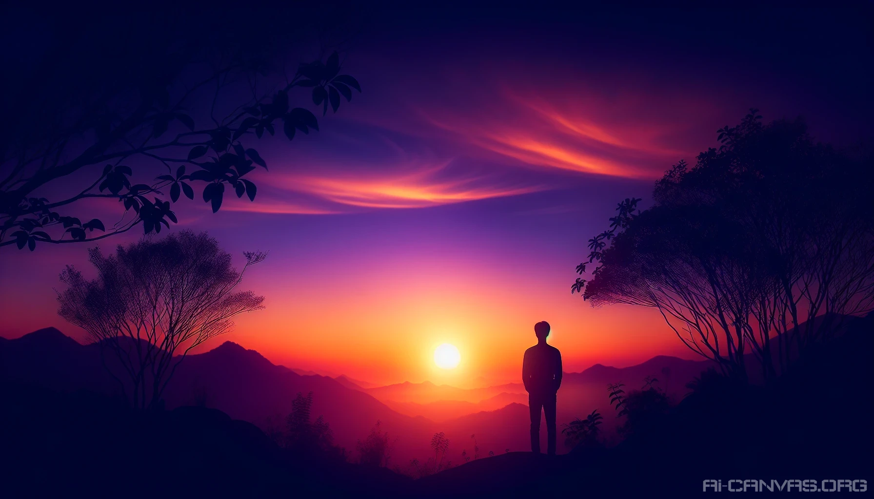 Capture the essence of tranquility through the art of silhouette photography. Imagine a serene landscape at twilight, where a solitary figure stands against a vibrant sunset, their outline stark against the fiery sky. The scene is enhanced with delicate trees framing the edges, while soft hues of orange and purple blend seamlessly. Emphasize the contrast between light and shadow to evoke emotions of peace and solitude.