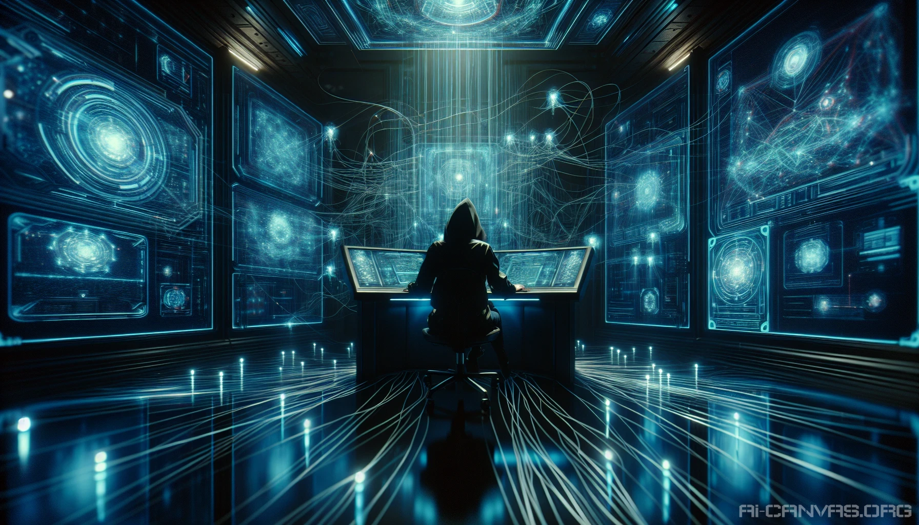 In a dimly lit high-tech lair, a cyberpunk hacker sits intently at their console, surrounded by swirling holographic interfaces. Neon-blue reflections dance off sleek glass panels, casting an electric glow throughout the space. The air is thick with tension and anticipation, as digital streams of code flicker to life around them, hinting at the secrets waiting to be unlocked in this futuristic world.