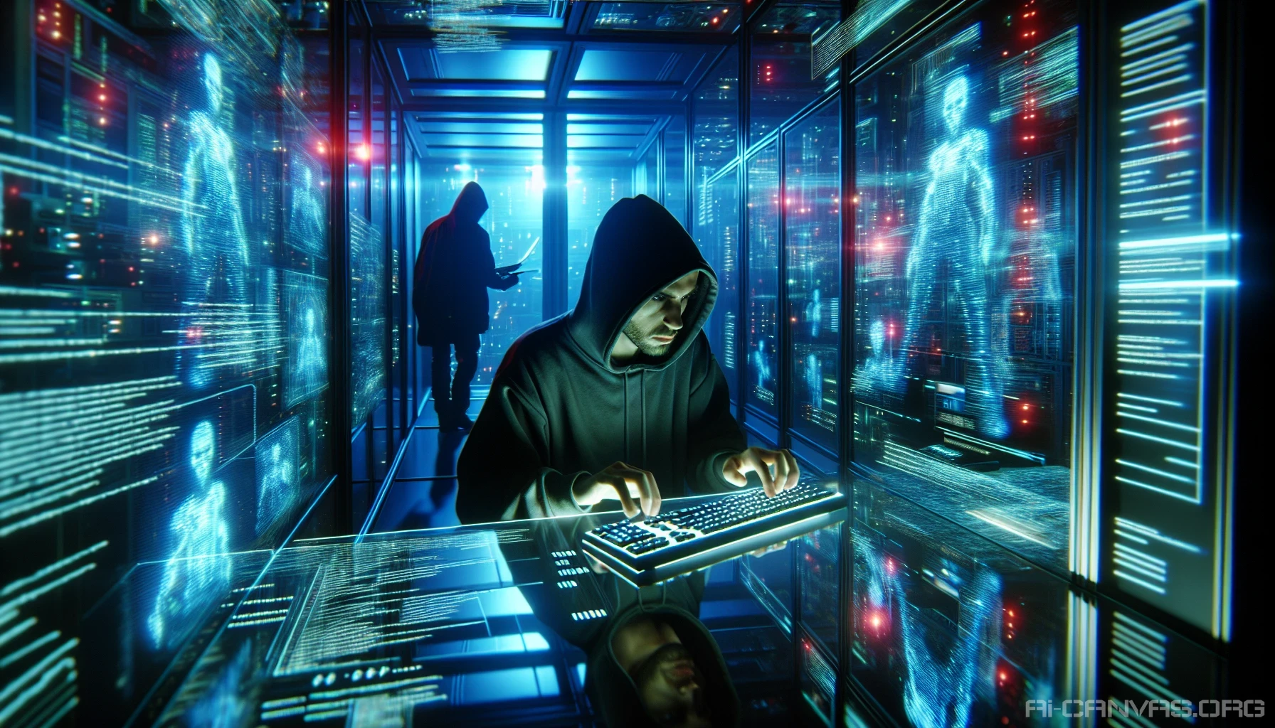 In a dimly lit high-tech lair, a lone hacker type furiously at a sleek keyboard, illuminated by a cascade of vibrant holographic interfaces floating in the air around them. The glow of neon-blue reflections dances on the glass panels, creating a surreal atmosphere. Shadows loom as complex code streams across the screens, hinting at a world of secrets waiting to be unveiled in this cyberpunk sanctuary.